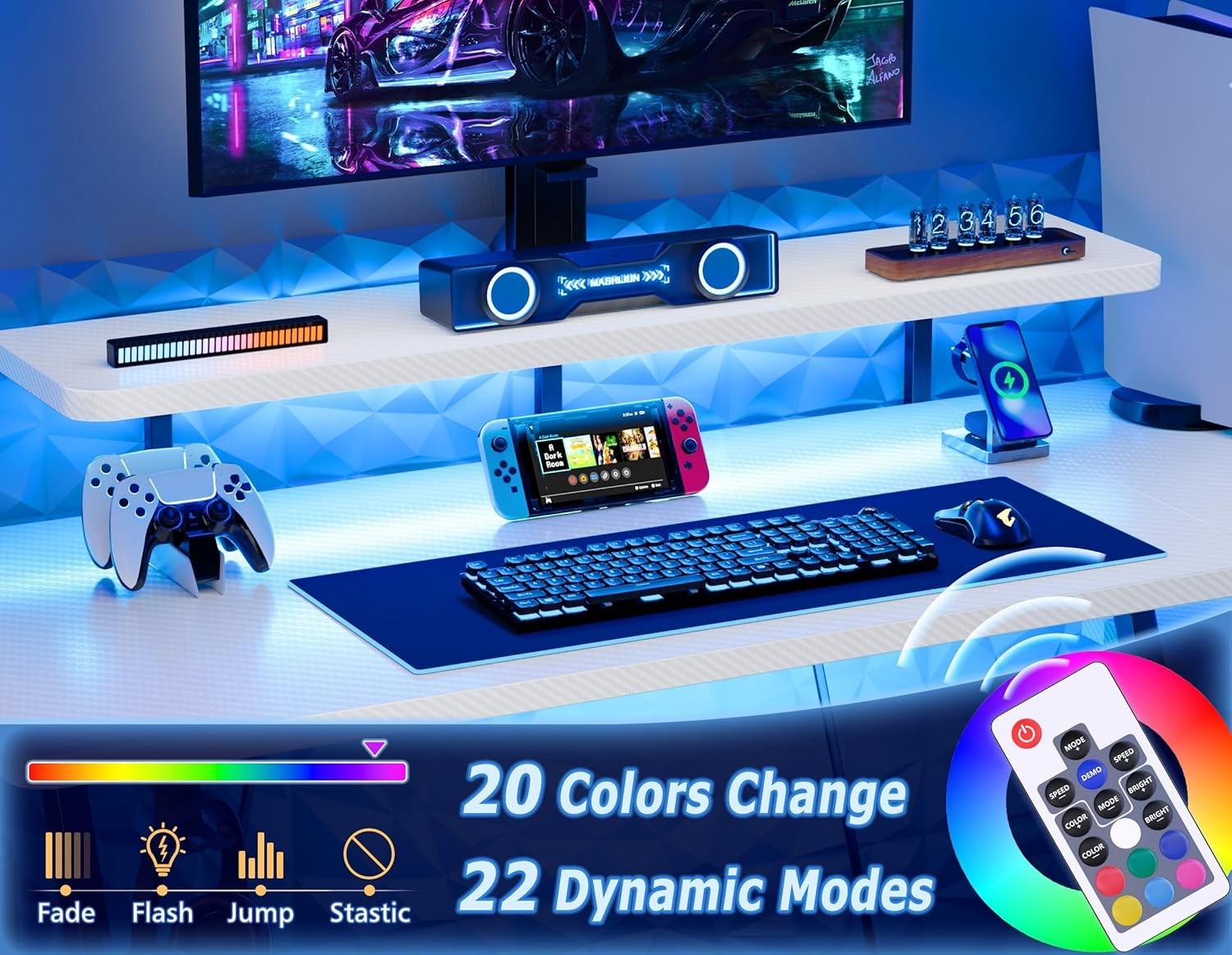 White 140cm L Shaped Gaming Desk w/LED Lights, Monitor Stand & Shelves