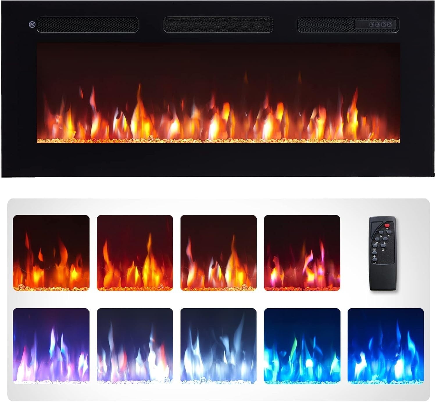 Wall-Mounted 40" Electric Fireplace Heater with 9 Flame Colors & Remote