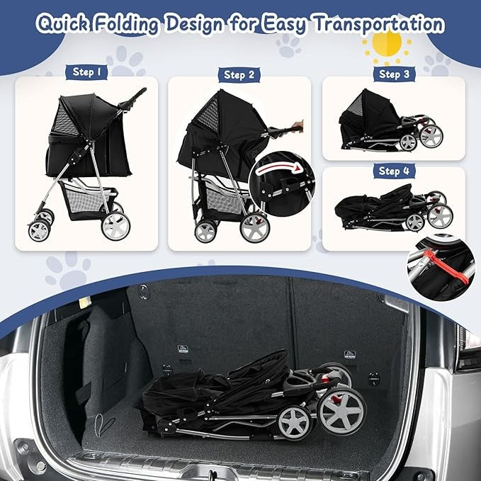 Pet Stroller Folding 4 Wheel Dog Cat Pushchair Travel Carrier with Safety Belt