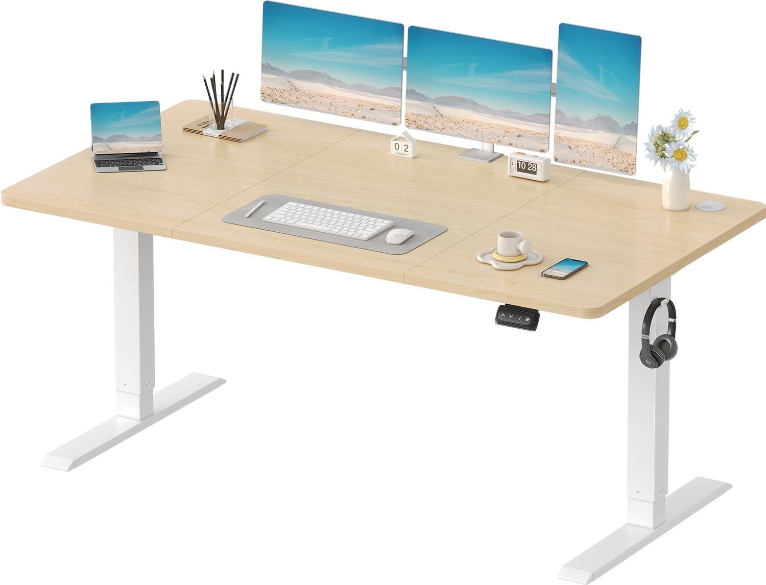Electric Standing Desk 160x70cm Adjustable Sit Stand Beige Table w/Memory Preset