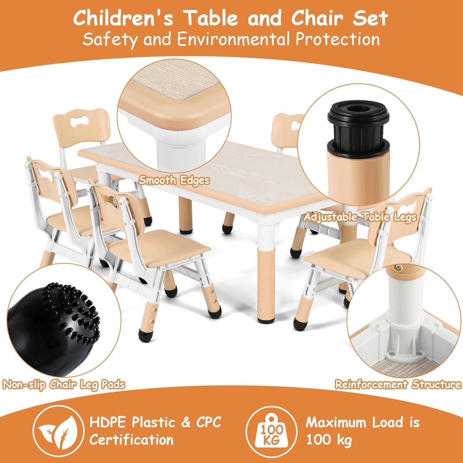 Adjustable Kids Table & 6 Chairs Set – Durable, Safe Plastic, Multi-Use Play.