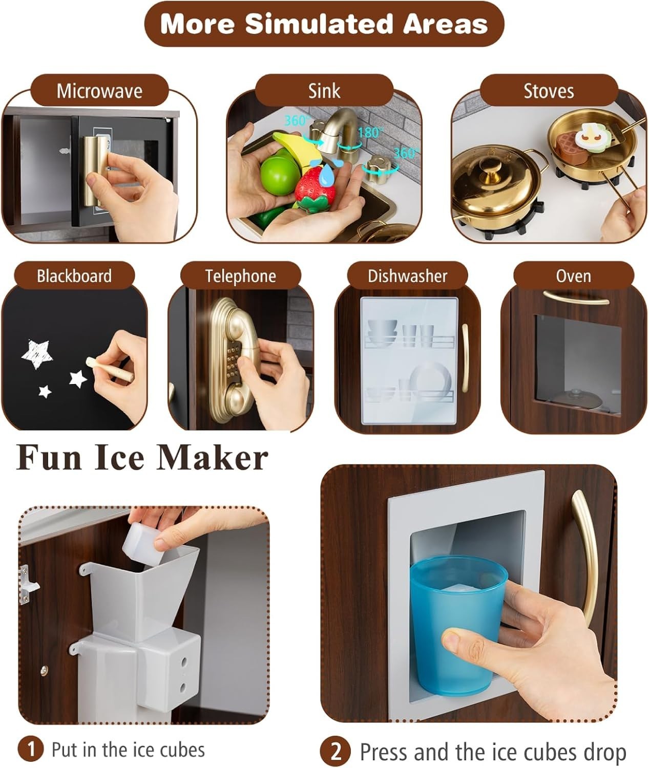 Kids Wooden Play Kitchen w/ Ice Maker Chalkboard Coffee Toy