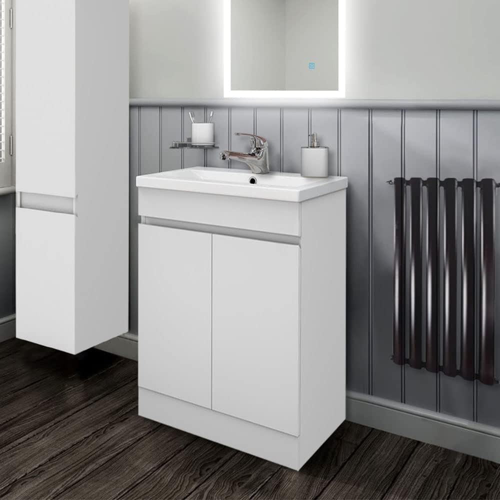 600mm Matt White Floor Standing Vanity Unit with Basin 2 Door Sink Cabinet