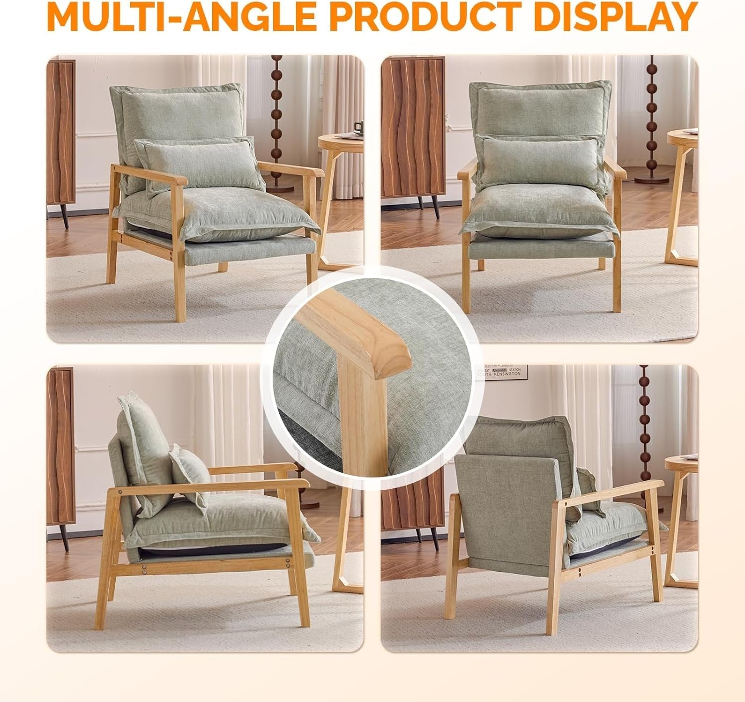 Modern Mid-Century Accent Armchair with Plush Cushion & Wooden Frame, Cozy
