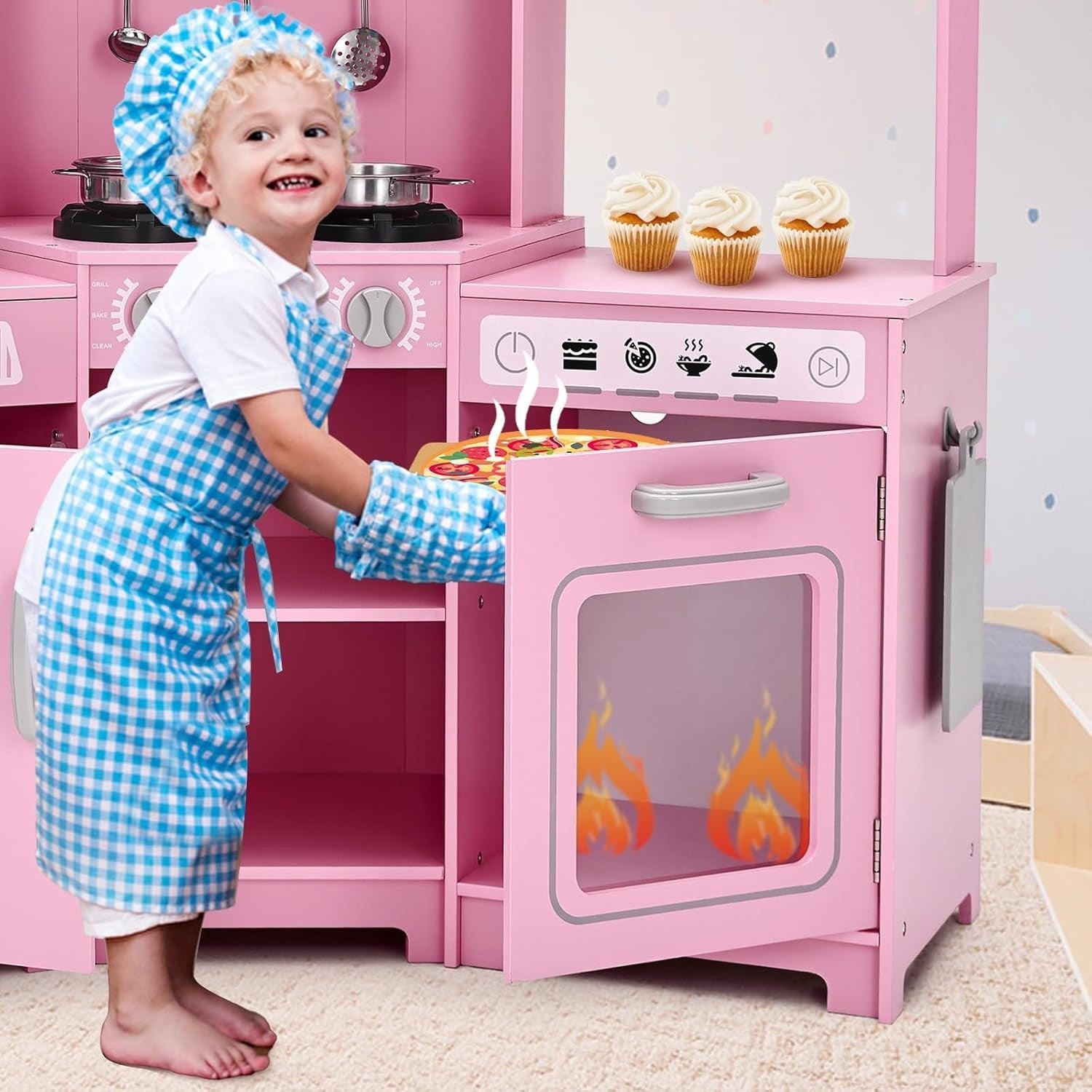 Corner Wooden Kids Play Kitchen Pink Lights Sounds Toy Set Large