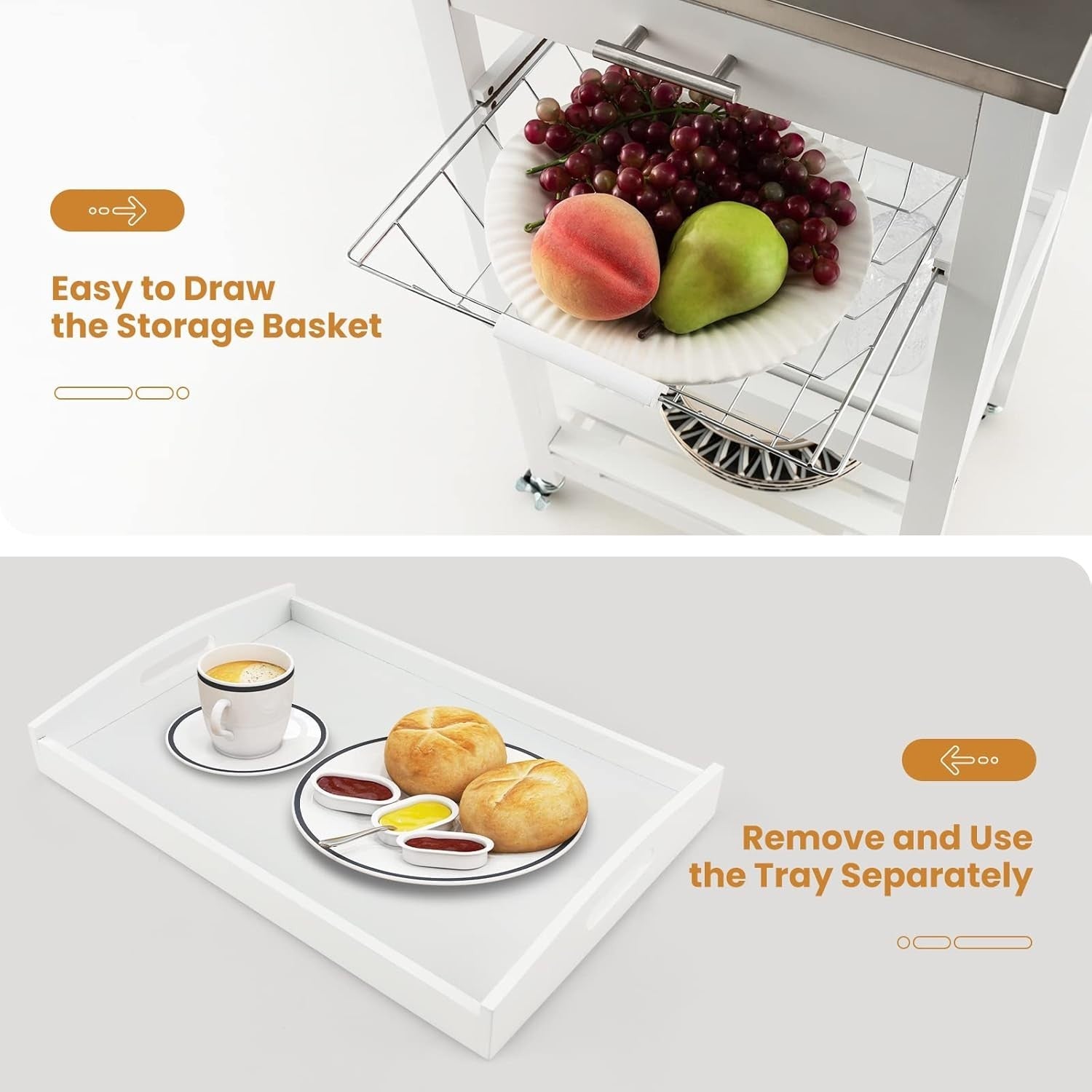 White Kitchen Trolley on Wheels w/ Stainless Steel Top