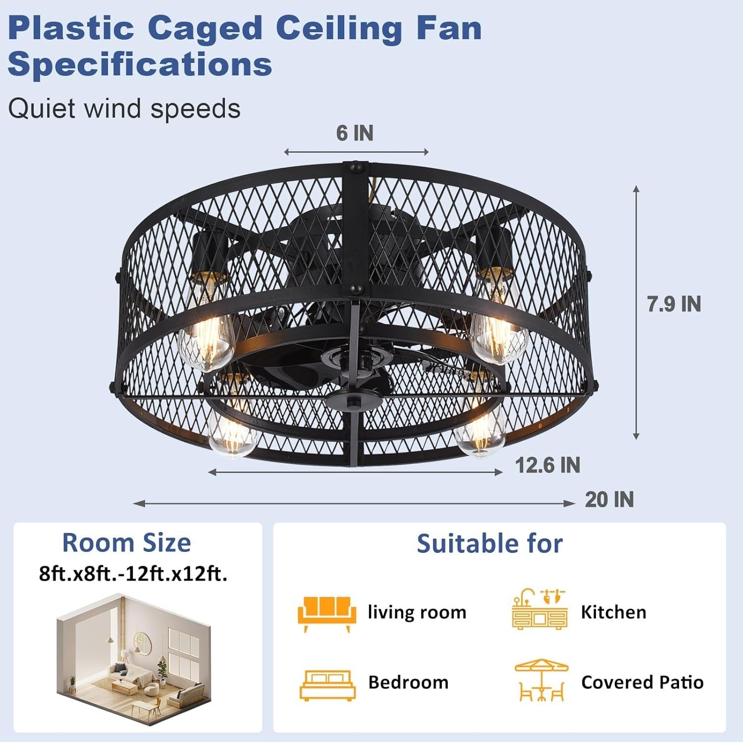 20" Caged Ceiling Fan with Light Remote Quiet DC Motor