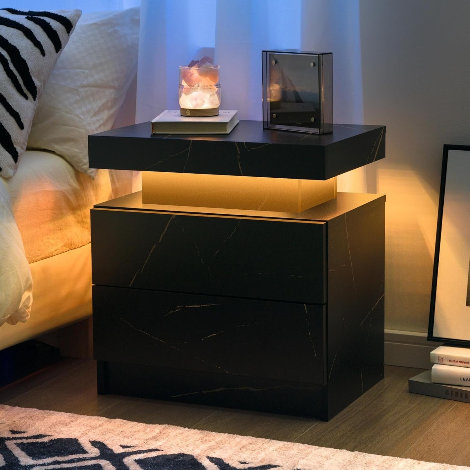 Modern Black Gold LED Bedside Table with Drawers – Luxury RGB Light Nightstand