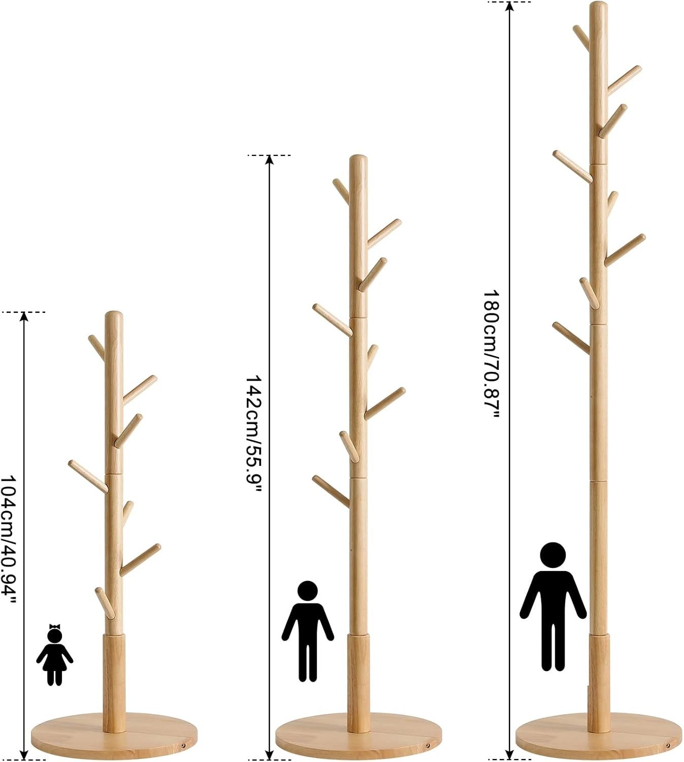 Natural Wooden Coat Rack Stand | 8 Hooks Round Base Hall Tree for Coats Hats