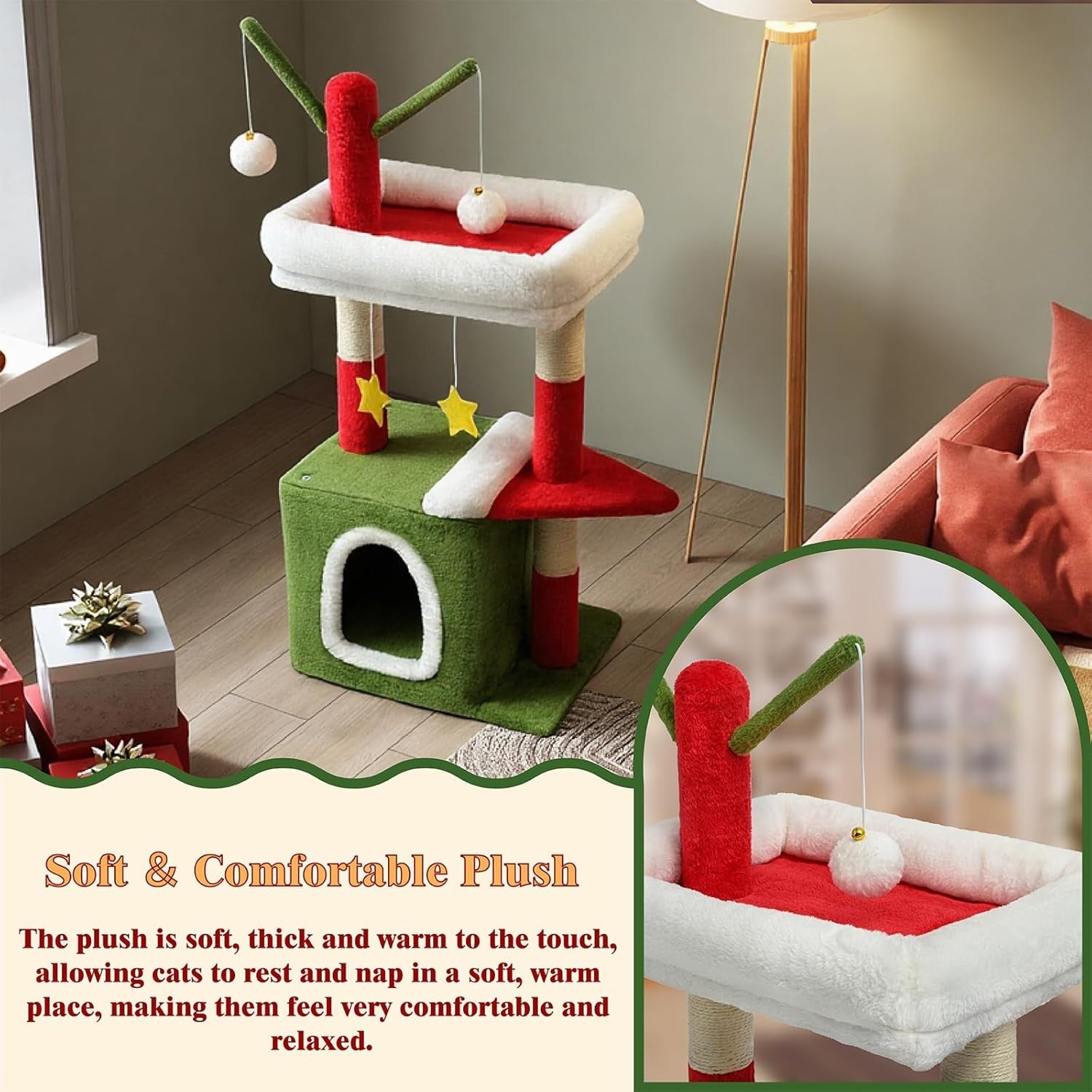 Christmas Cat Tree 81.5cm Festive Scratching Tower with Condo Toys Red Green