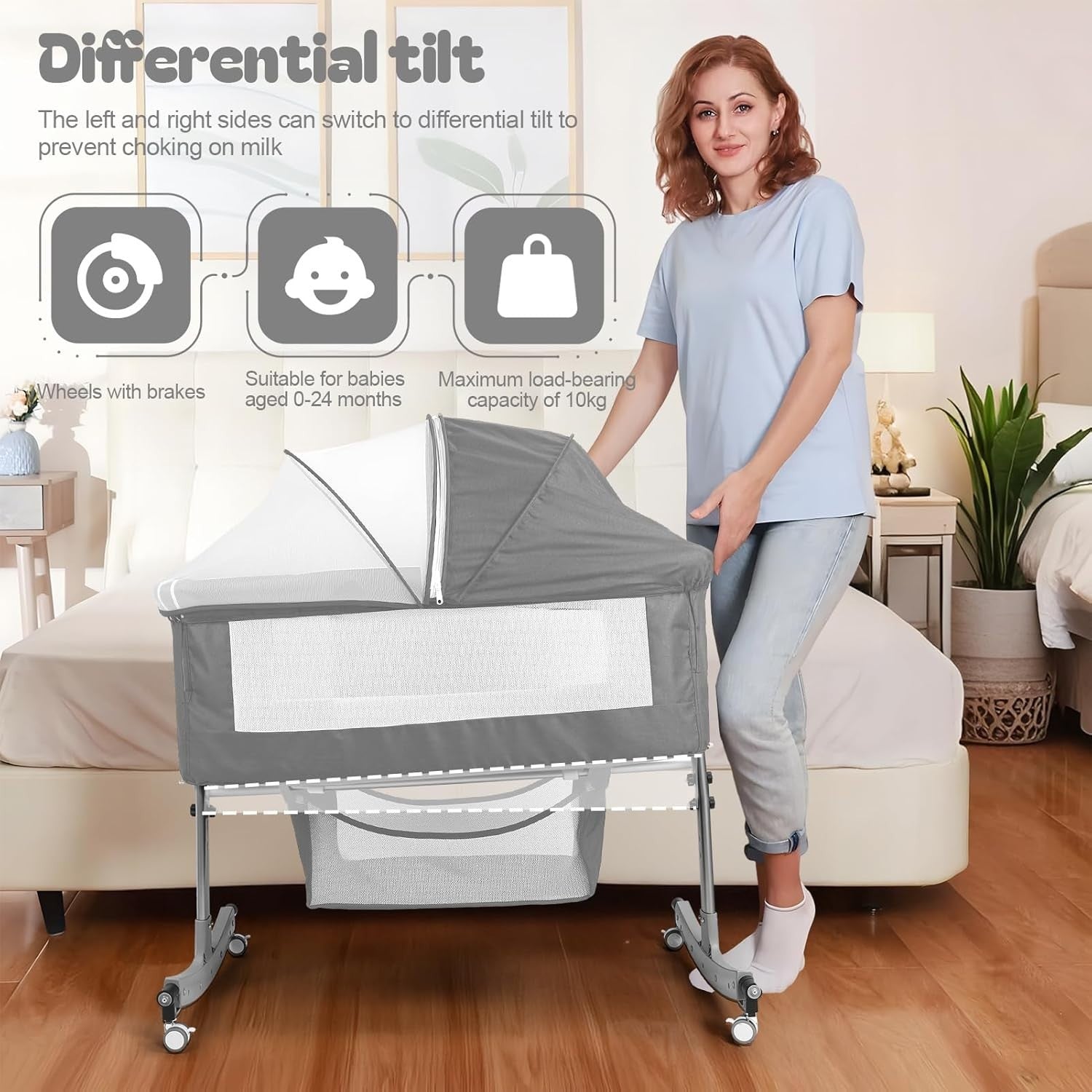 Rocking Bedside Crib with Mosquito Net Wheels Adjustable Height & Storage Grey