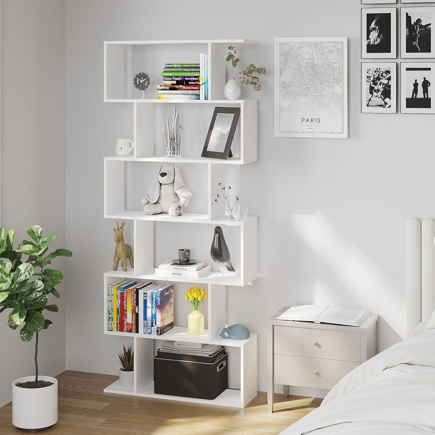 White S Shape 6 Tier Bookcase Modern Display Shelf Free Standing Storage Unit