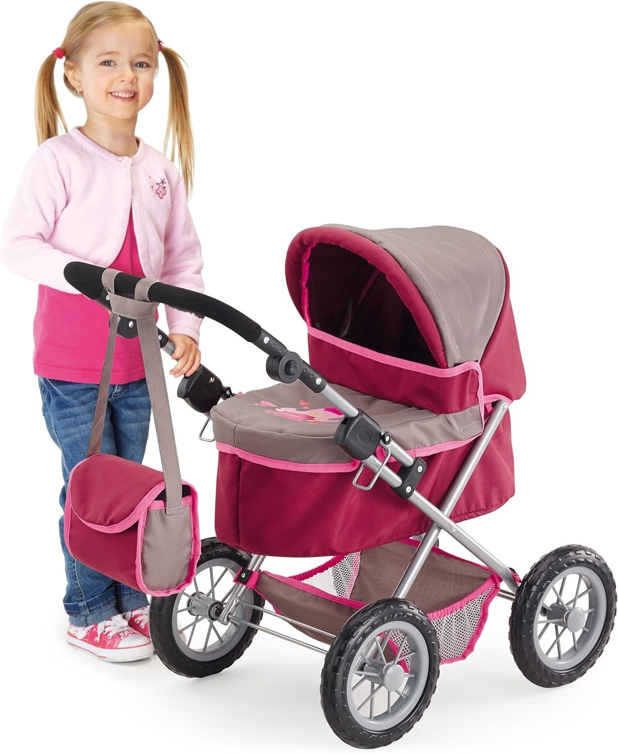 Trendy Doll Stroller Foldable Pram Adjustable Handle Big Wheels Bag 46cm