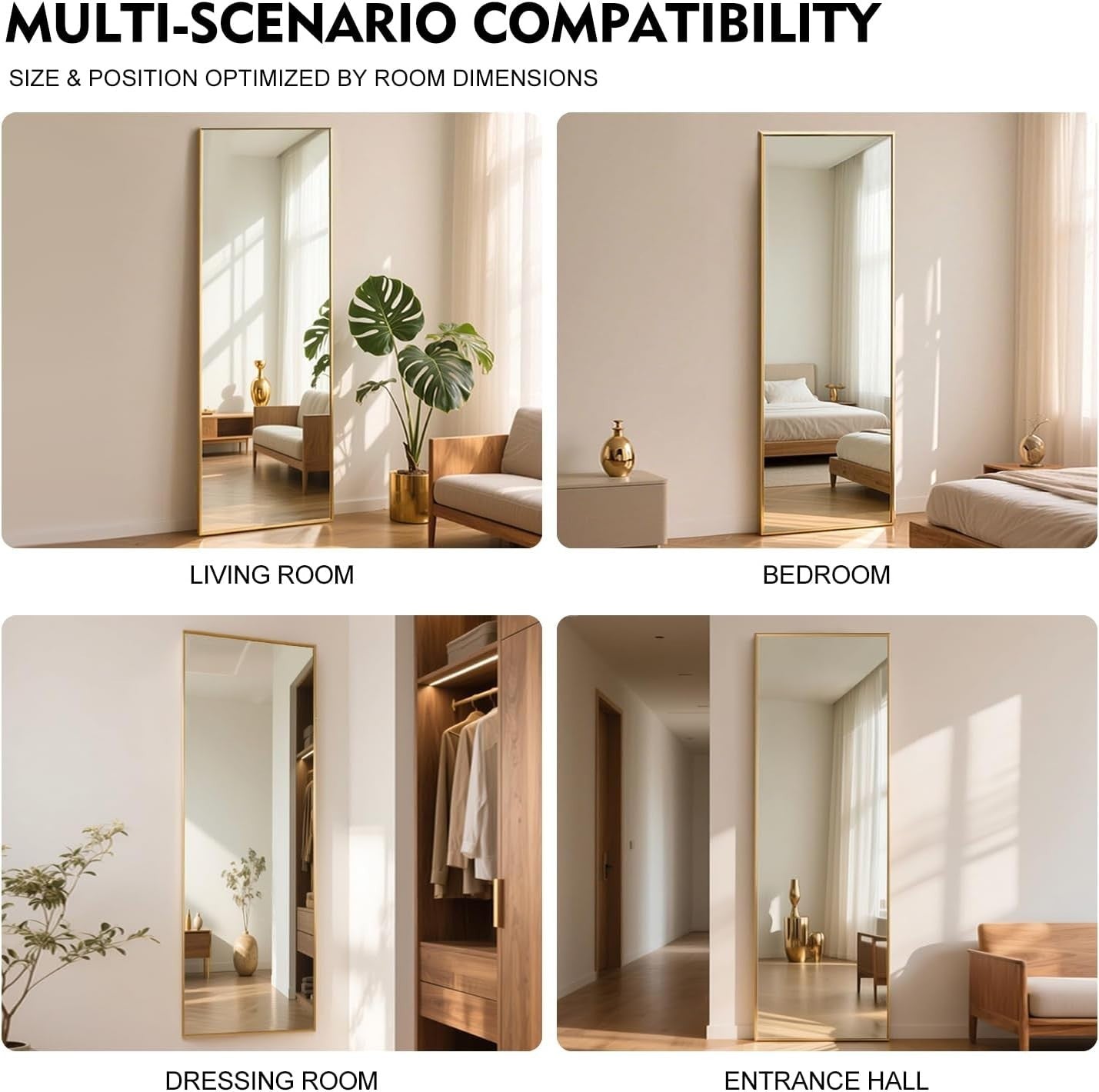 Gold Full Length Mirror 140x40cm Wall or Floor Standing, Shatterproof Glass