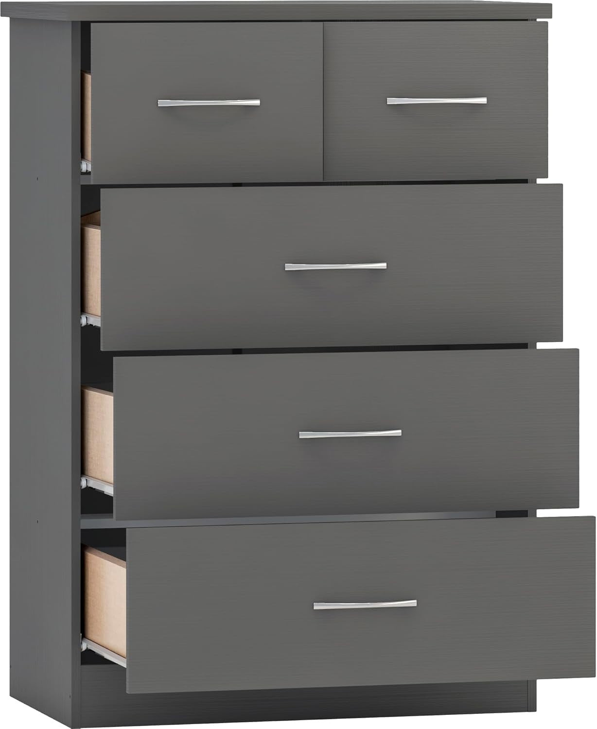 Tall Grey 5 Drawer Chest of Drawers 3D Effect Bedroom Storage Unit