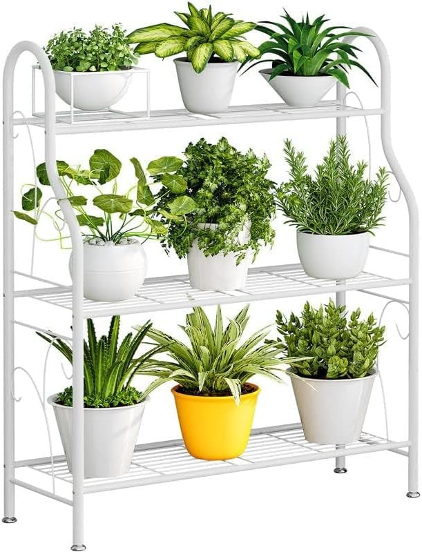 3 Tier White Metal Plant Stand | Indoor Outdoor Flower Pot Shelf Display Rack
