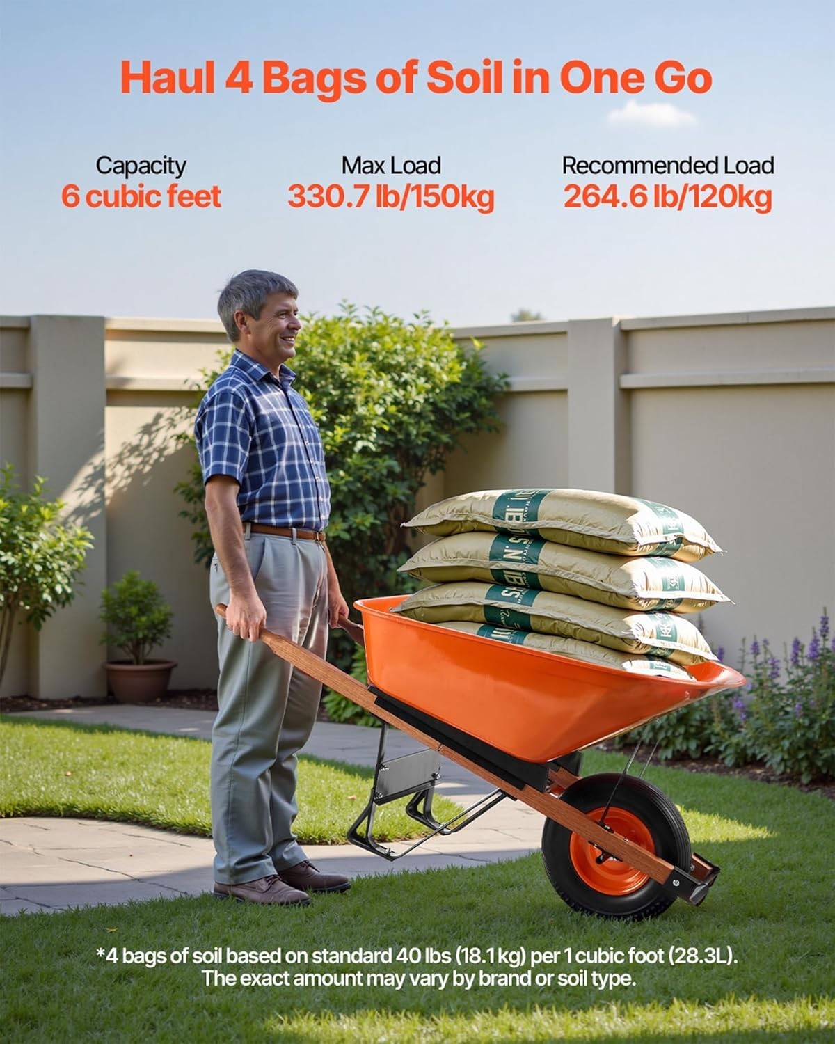 6 Cu Ft Orange Wheelbarrow – Metal Frame PU Tyre Heavy Duty for 150kg Loads