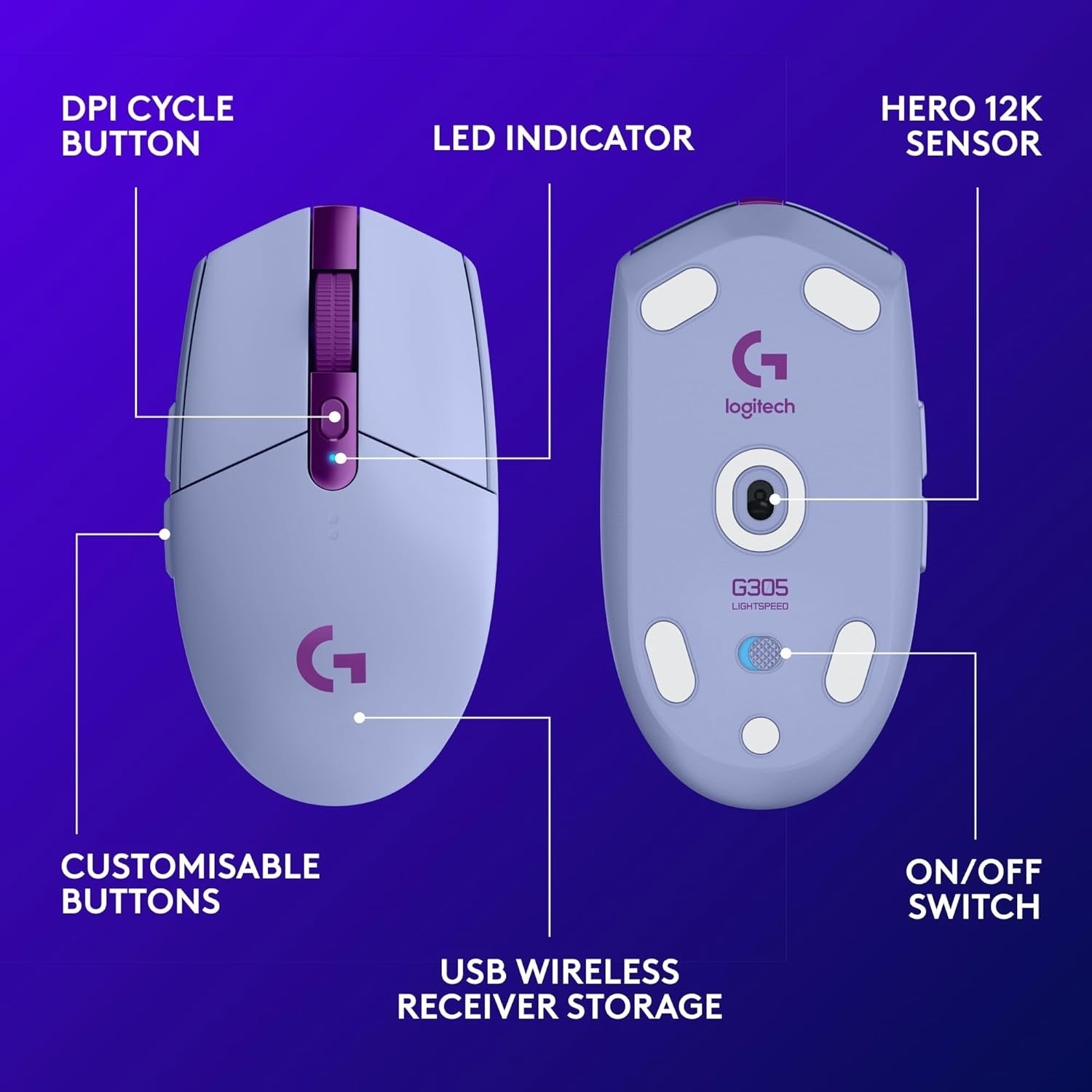 Lilac Wireless Gaming Mouse 12000DPI Lightweight 6 Button 250Hr Battery PC