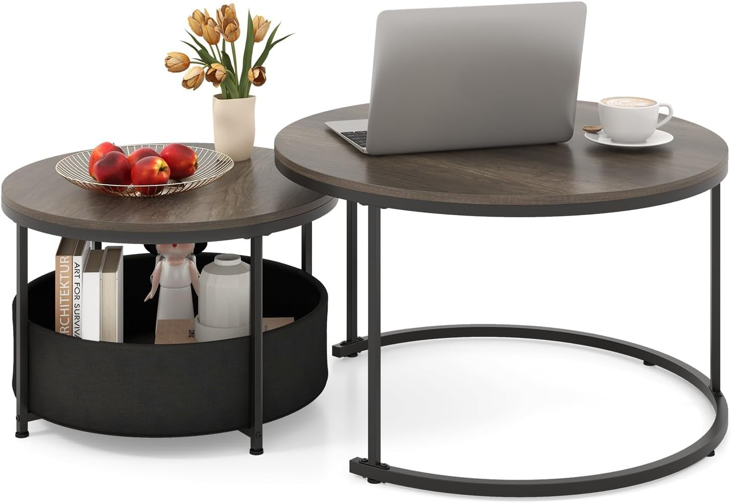 Nesting Coffee Table Set 2 Round Wood Metal Side End Tables Living Room 80CM
