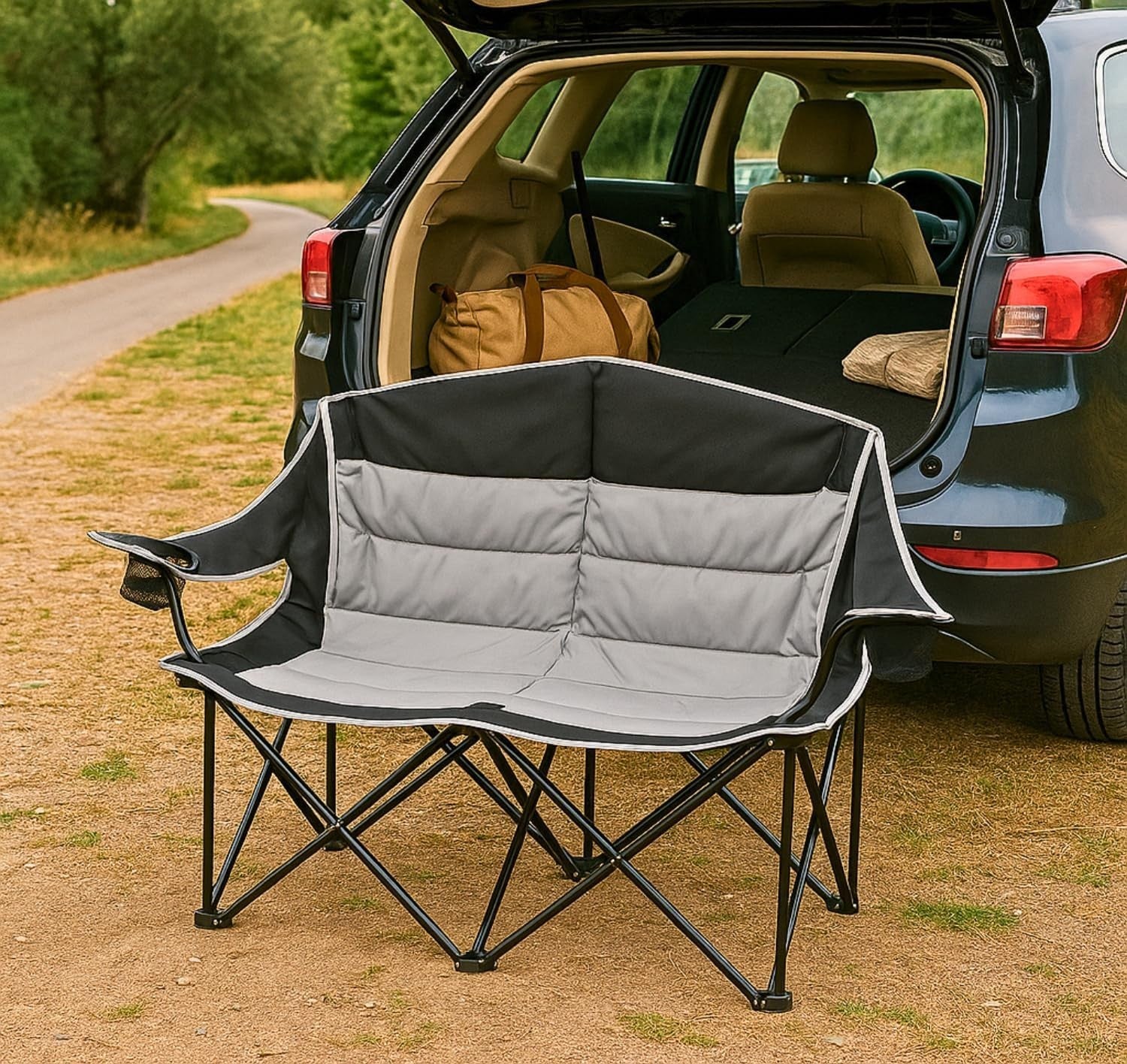 Double Folding Camping Chair | 2 Person Heavy Duty, Cup Holder, Portable