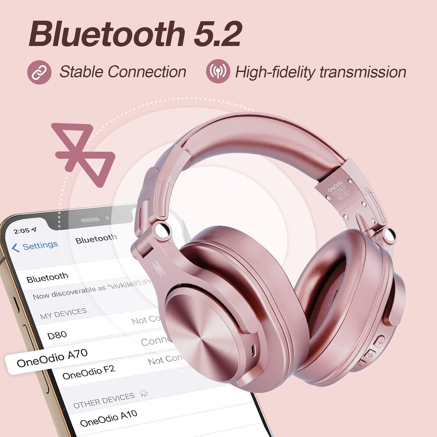 OneOdio Rose Gold Bluetooth Headphones 72H Studio Over Ear Foldable DJ Set