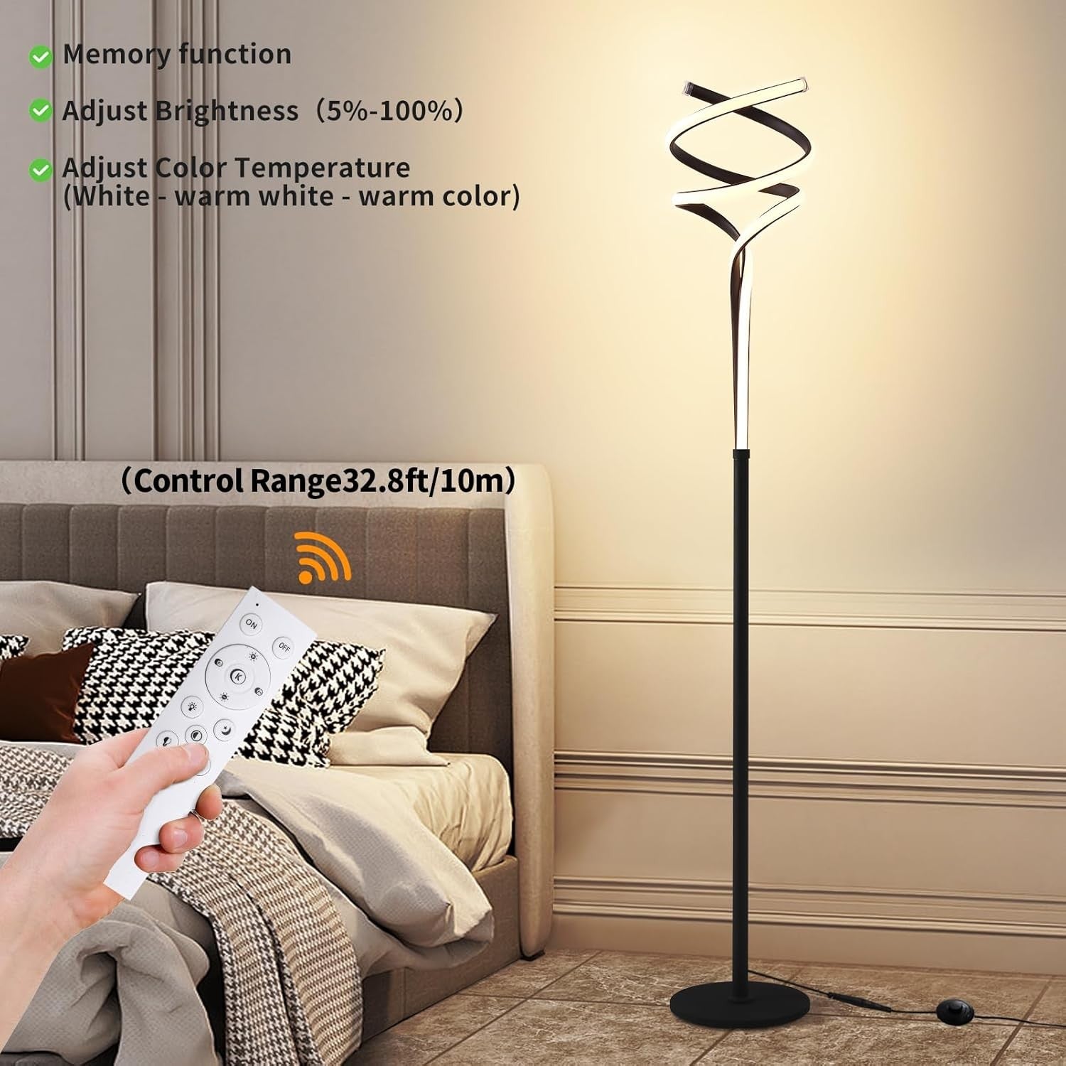 Modern LED Floor Lamp Black Spiral Design Dimmable Remote Standing Light