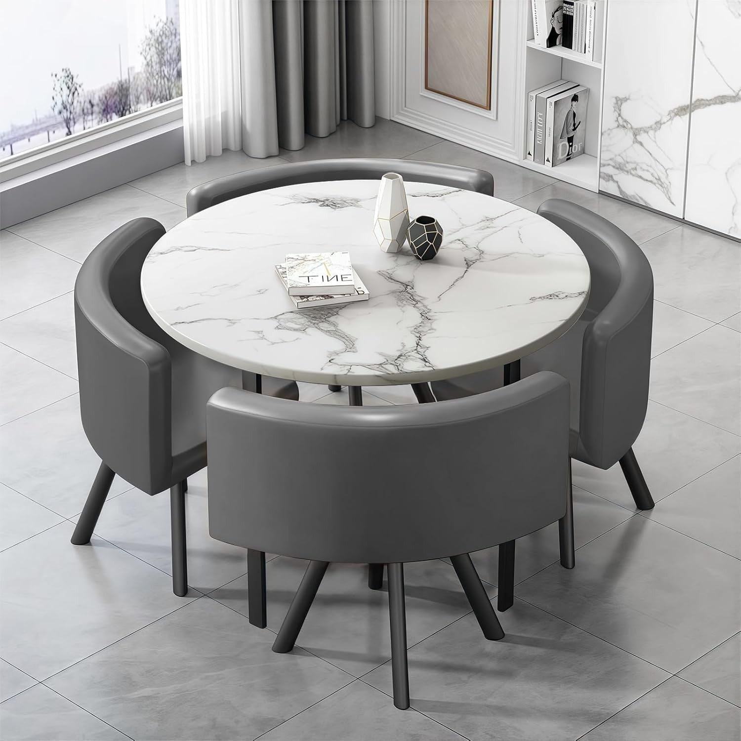 Modern White 35.4" Dining Table Set w/ 4 Chairs – Space-Saving Faux Marble