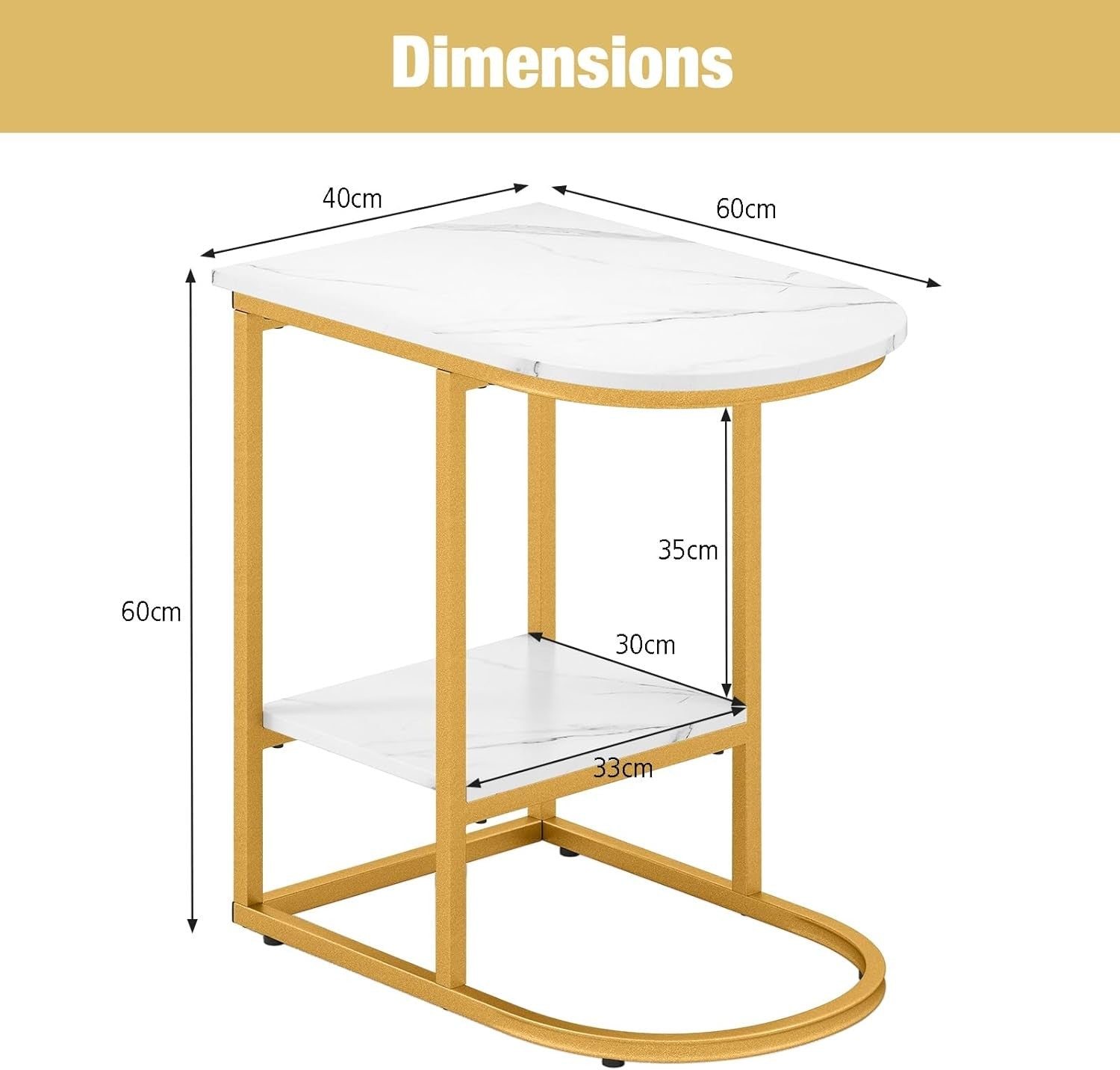 Modern Faux Marble C-Shaped Side Table with Storage Shelf – White & Gold Nightst