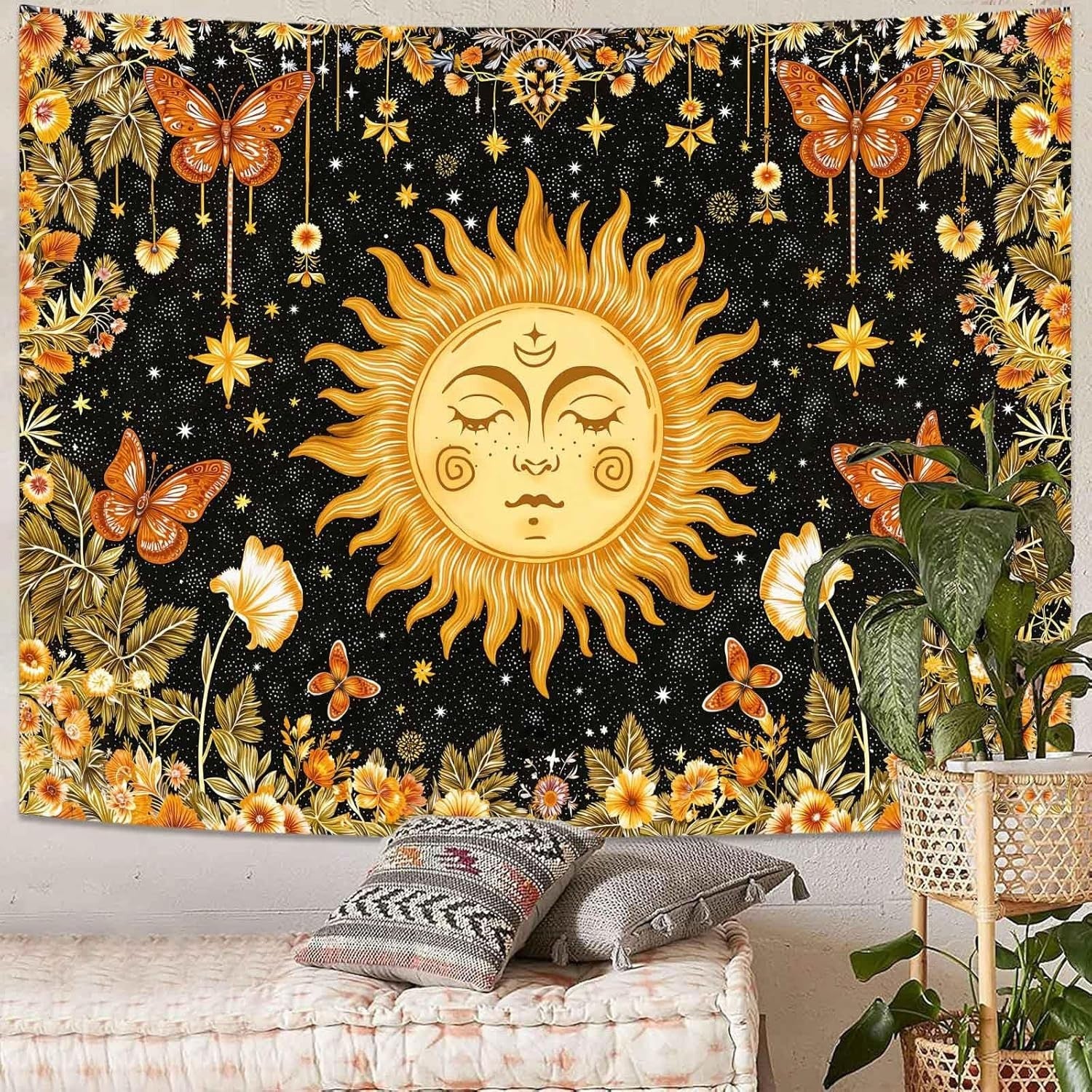 Sun Face Tapestry Celestial Butterflies Stars Boho 80x60
