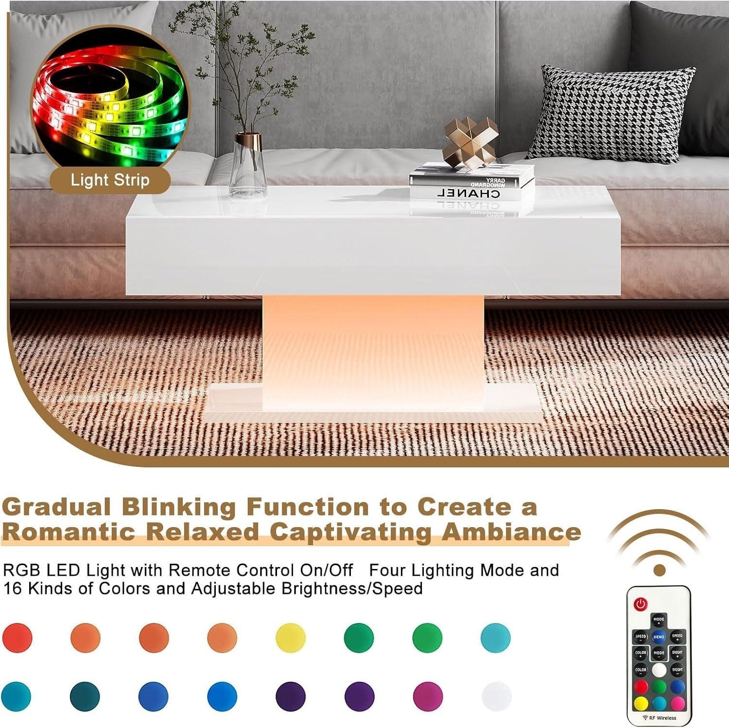 Modern White LED Coffee Table, High Gloss Rectangular 110x55cm