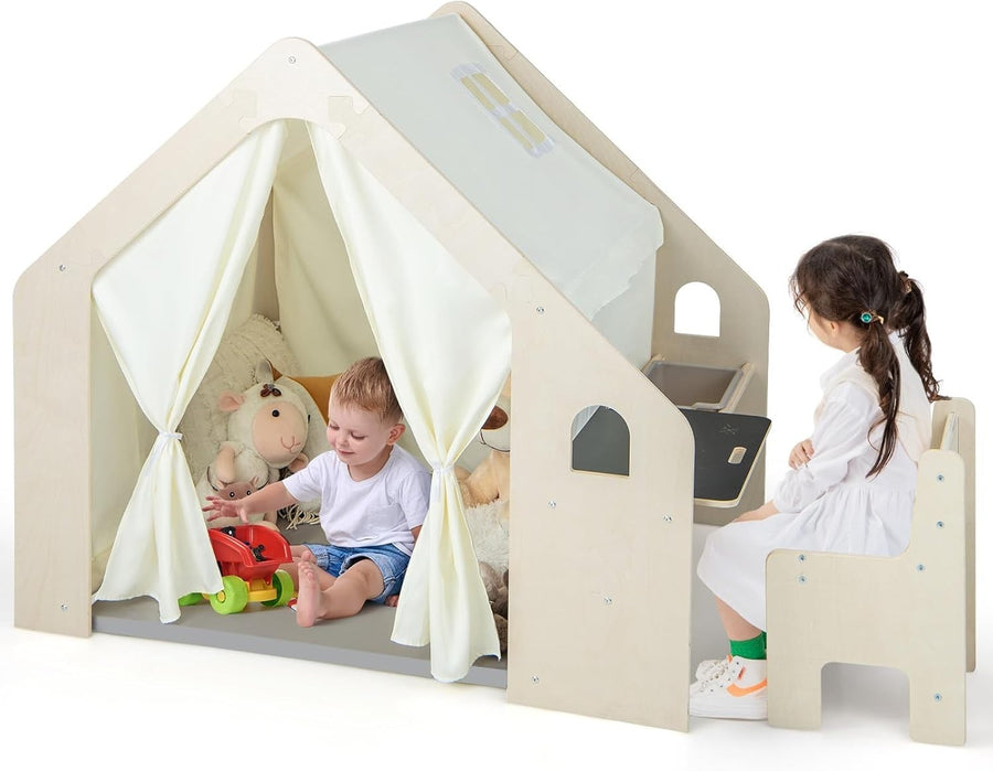 6 in 1 Kids Indoor Play Tent Wooden Playhouse w Mat Table Chair