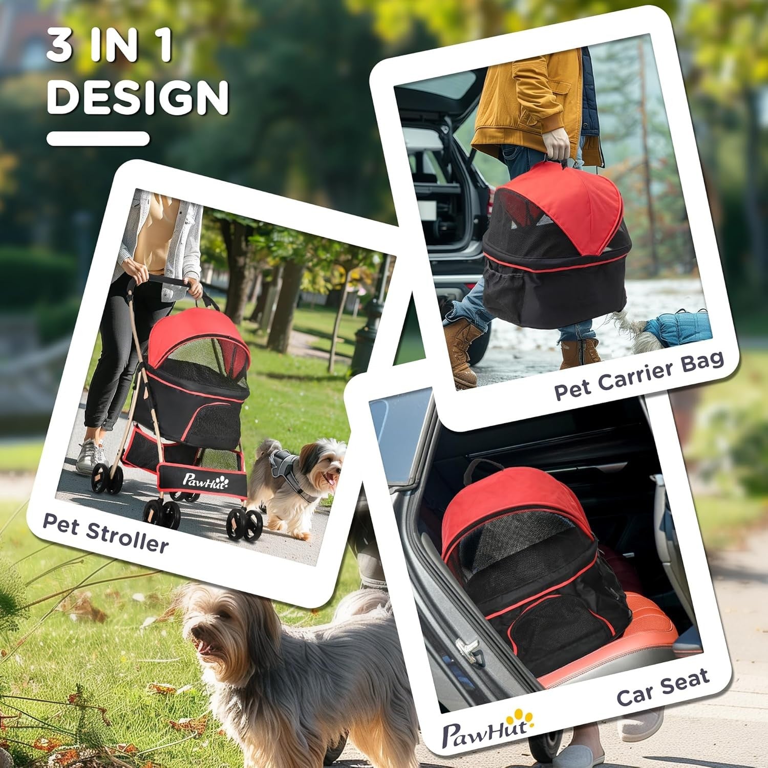 3 in 1 Pet Stroller Dog Pushchair Detachable Carrier Brakes Small