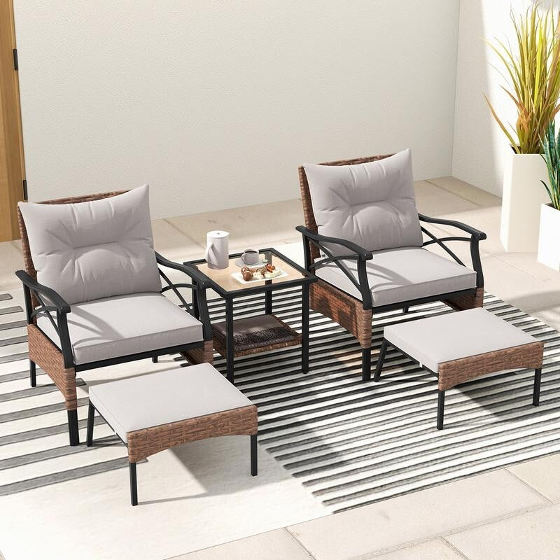 5 Piece Rattan Patio Furniture Set w/ Cushions & Table Outdoor Garden Seating