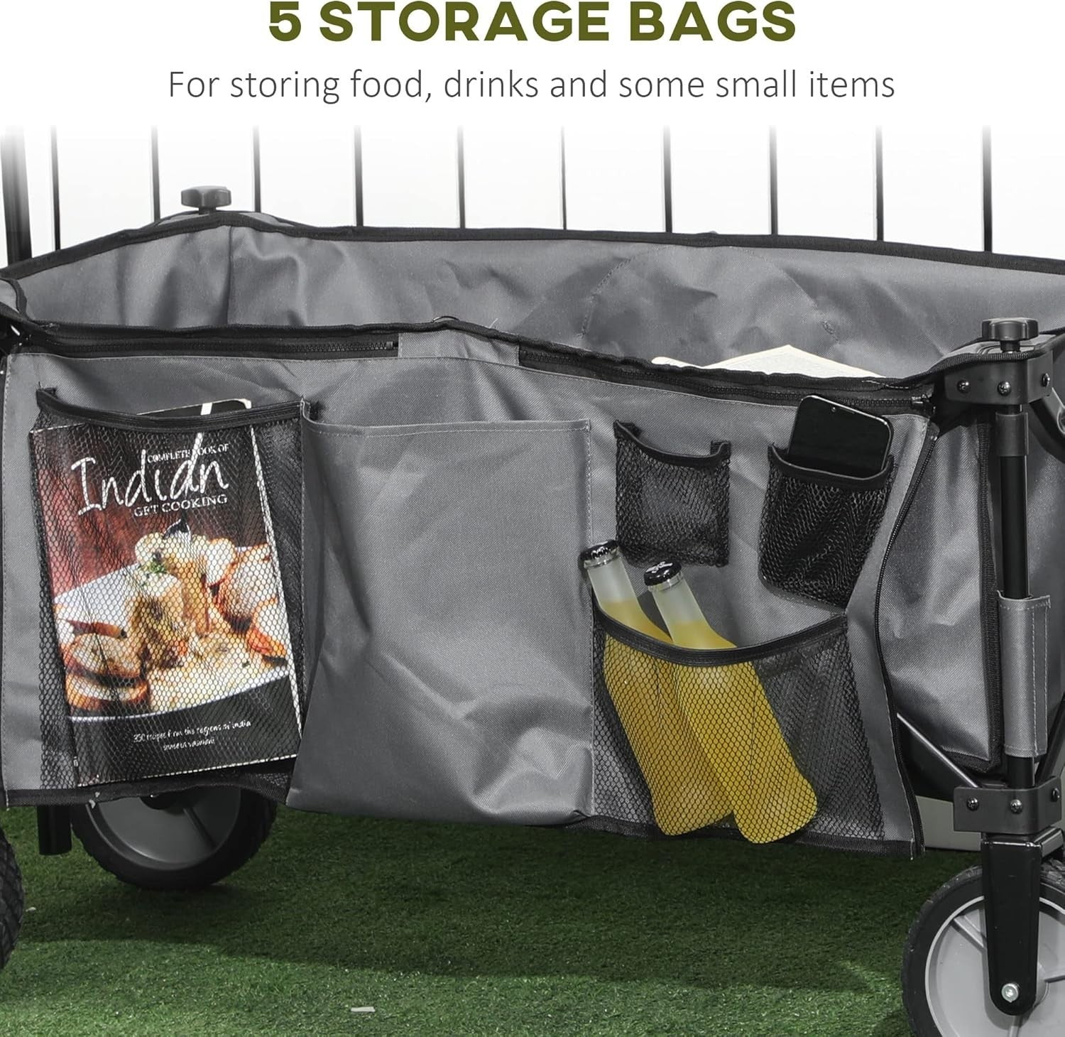 Dark Grey Folding Garden Trolley 100kg Heavy Duty Wagon w/ Cover & Pockets