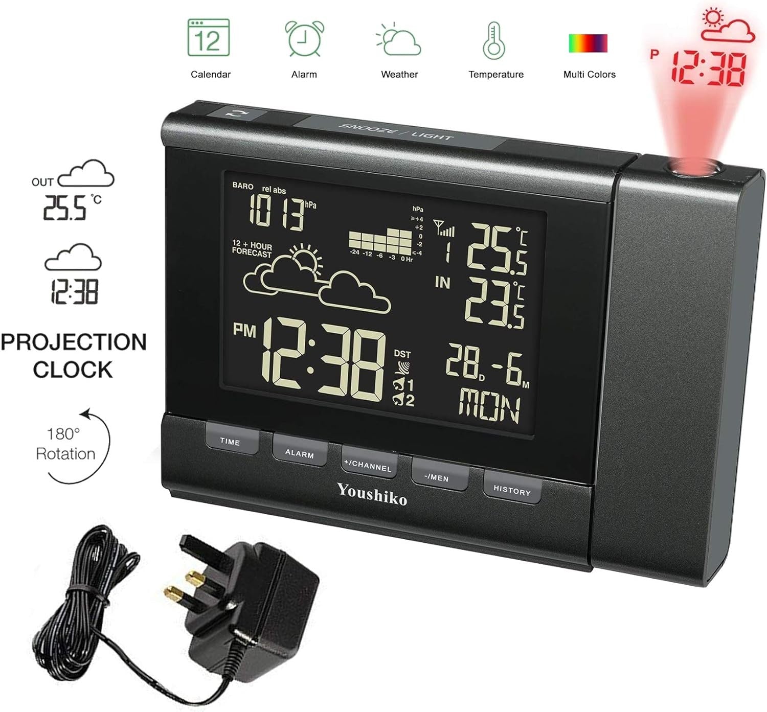 Projection Weather Station Clock Indoor Outdoor Temperature Radio Control