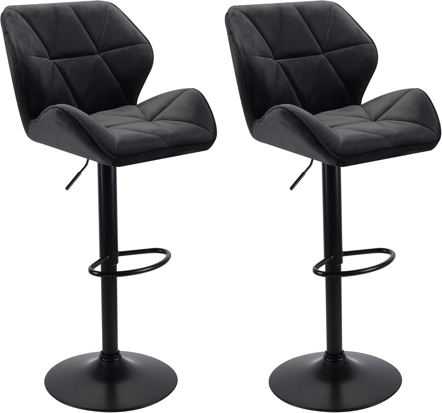 Velvet Black Bar Stools Set of 2 – Adjustable Swivel Kitchen Chairs