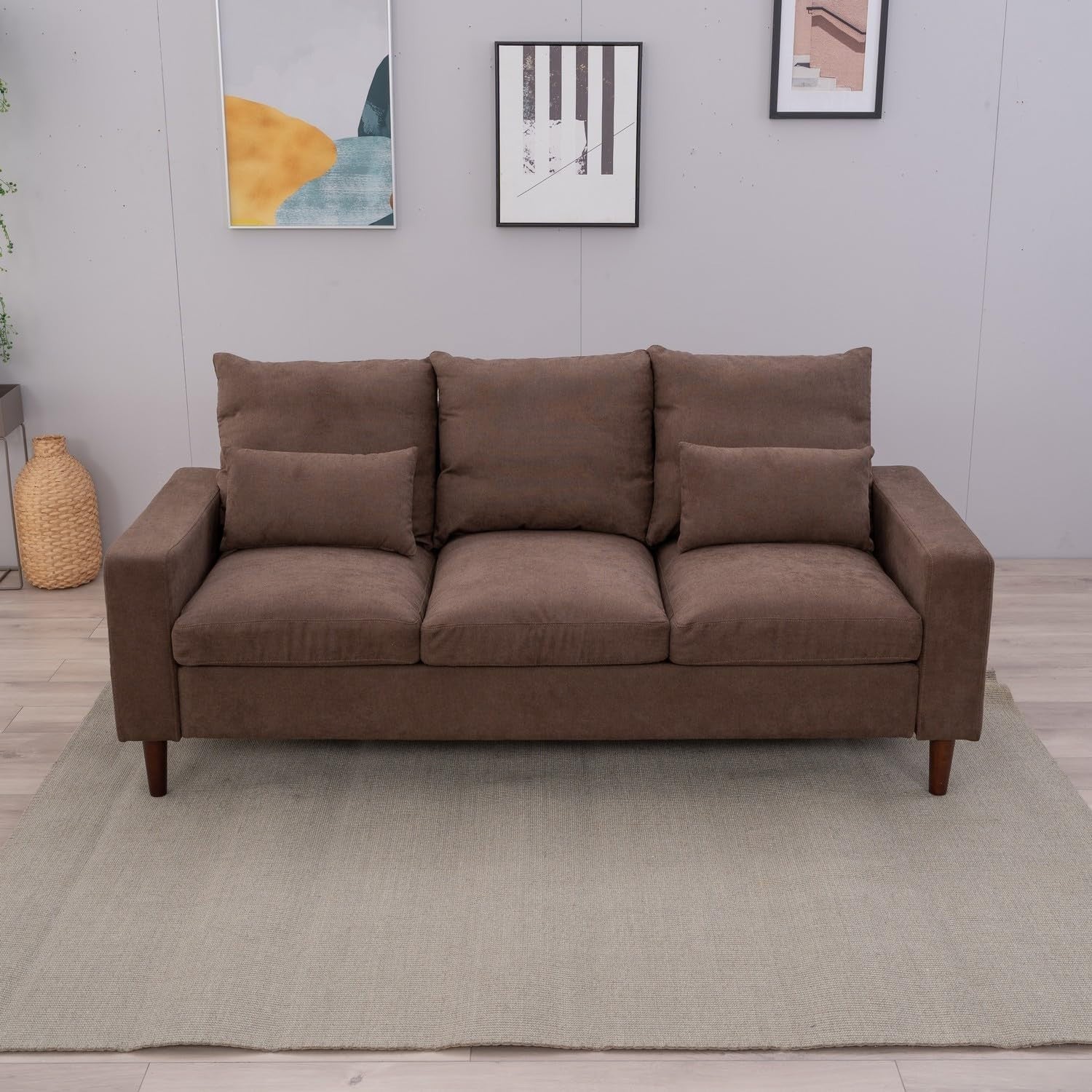 3+2 Seater Sofa Set Brown Linen Cushions Modern Compact Fabric Couch Suite