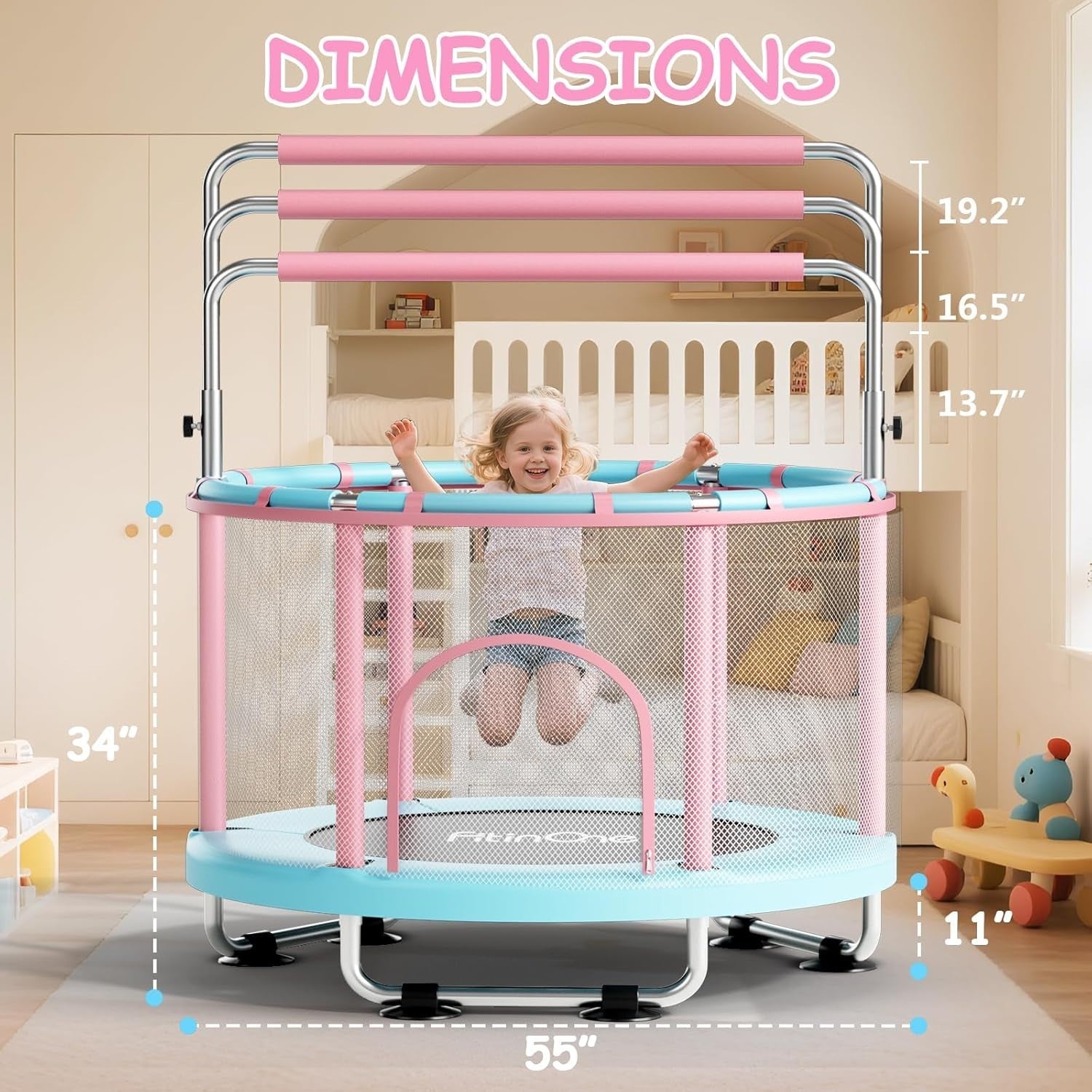 55” Kids Toddler Trampoline Indoor Outdoor w/ Swing Gymnastics Bar 440lbs