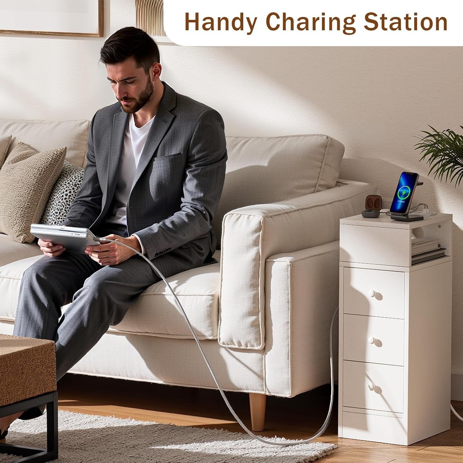 Slim White 3 Drawer Bedside Table with Charging Station | Modern Bedroom Storage