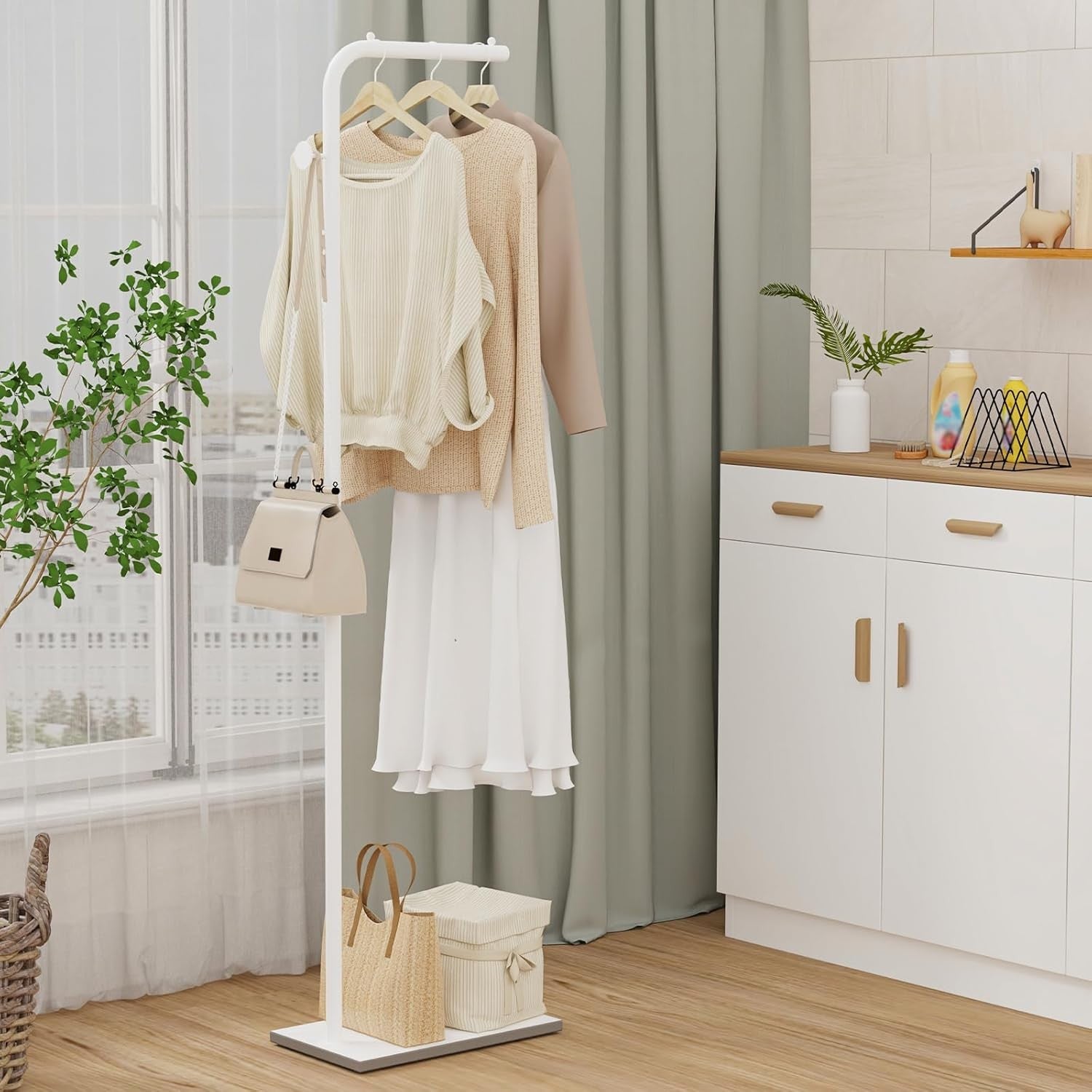 White Metal Coat Rack Stand 180cm Freestanding Clothes Rail with Hooks Modern