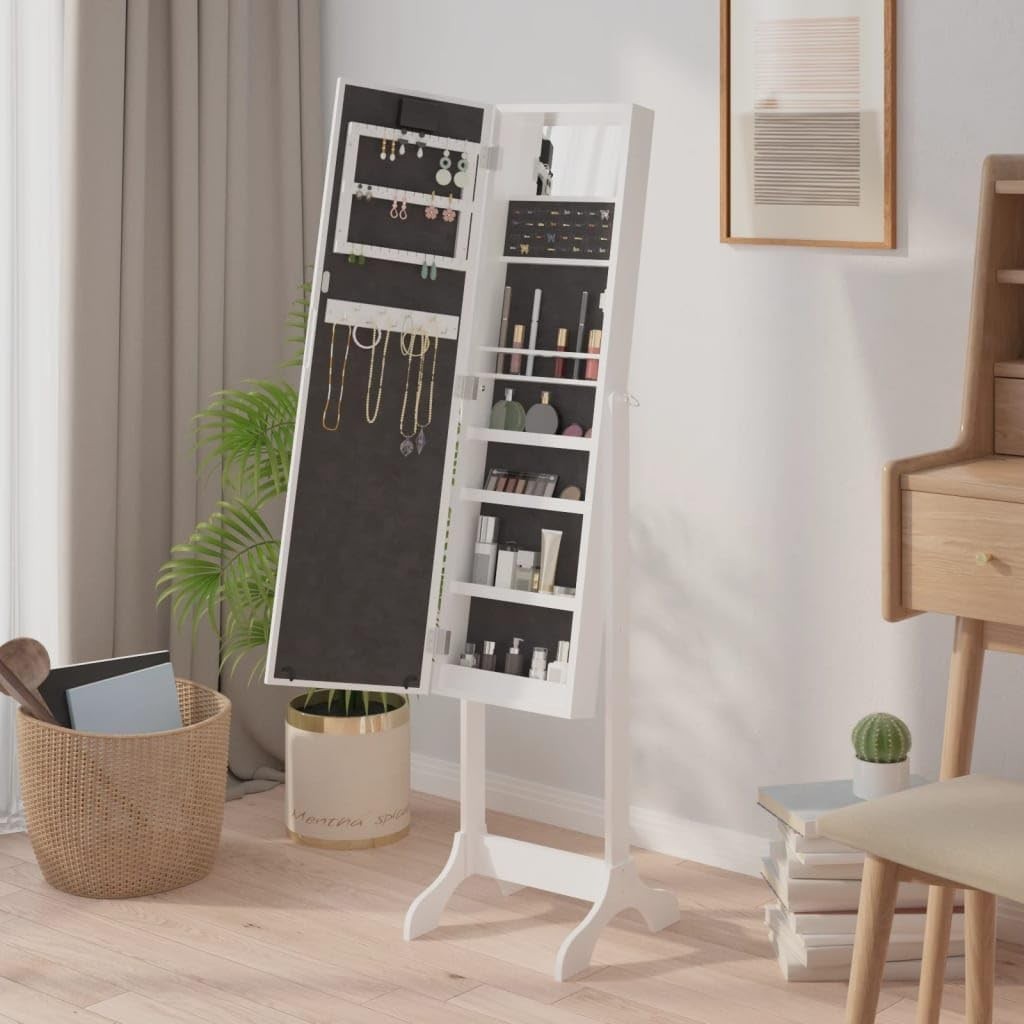 LED Standing Mirror Jewelry Cabinet Tilt Adjustable Storage Armoire White