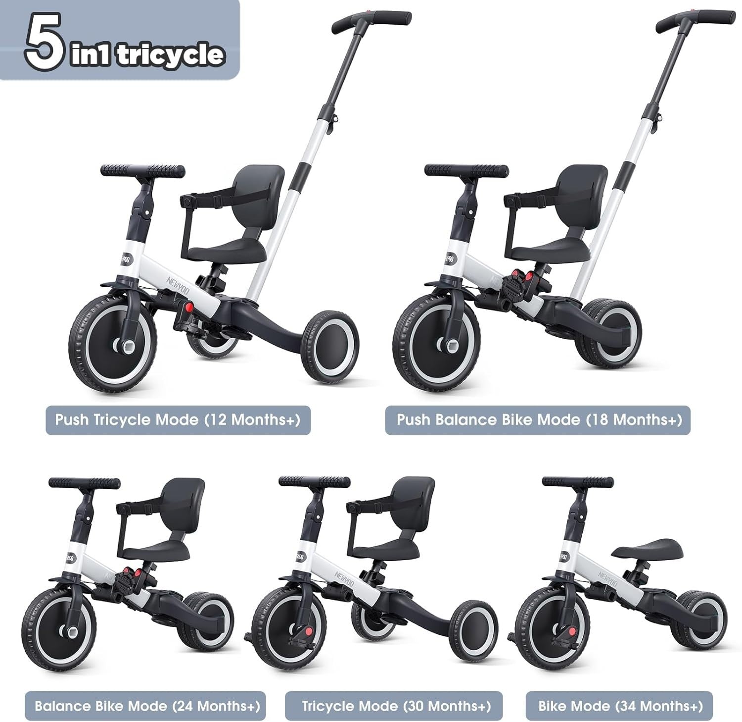 5 in 1 Toddler Tricycle Push Trike Balance Bike Parent Handle White