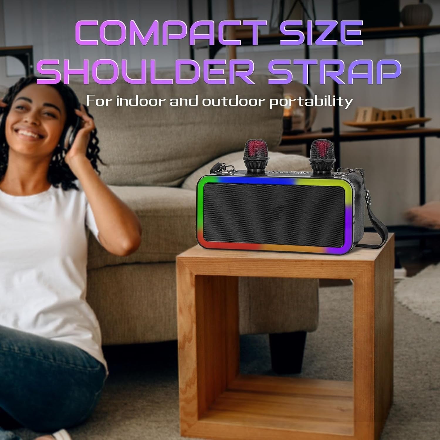 Portable Karaoke Machine 2 Mics Bluetooth Speaker with LED Lights Black