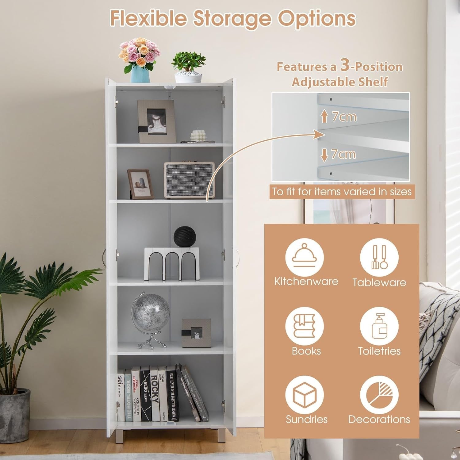 Tall White Storage Cabinet 2 Door Cupboard | Adjustable Shelves Freestanding Uni