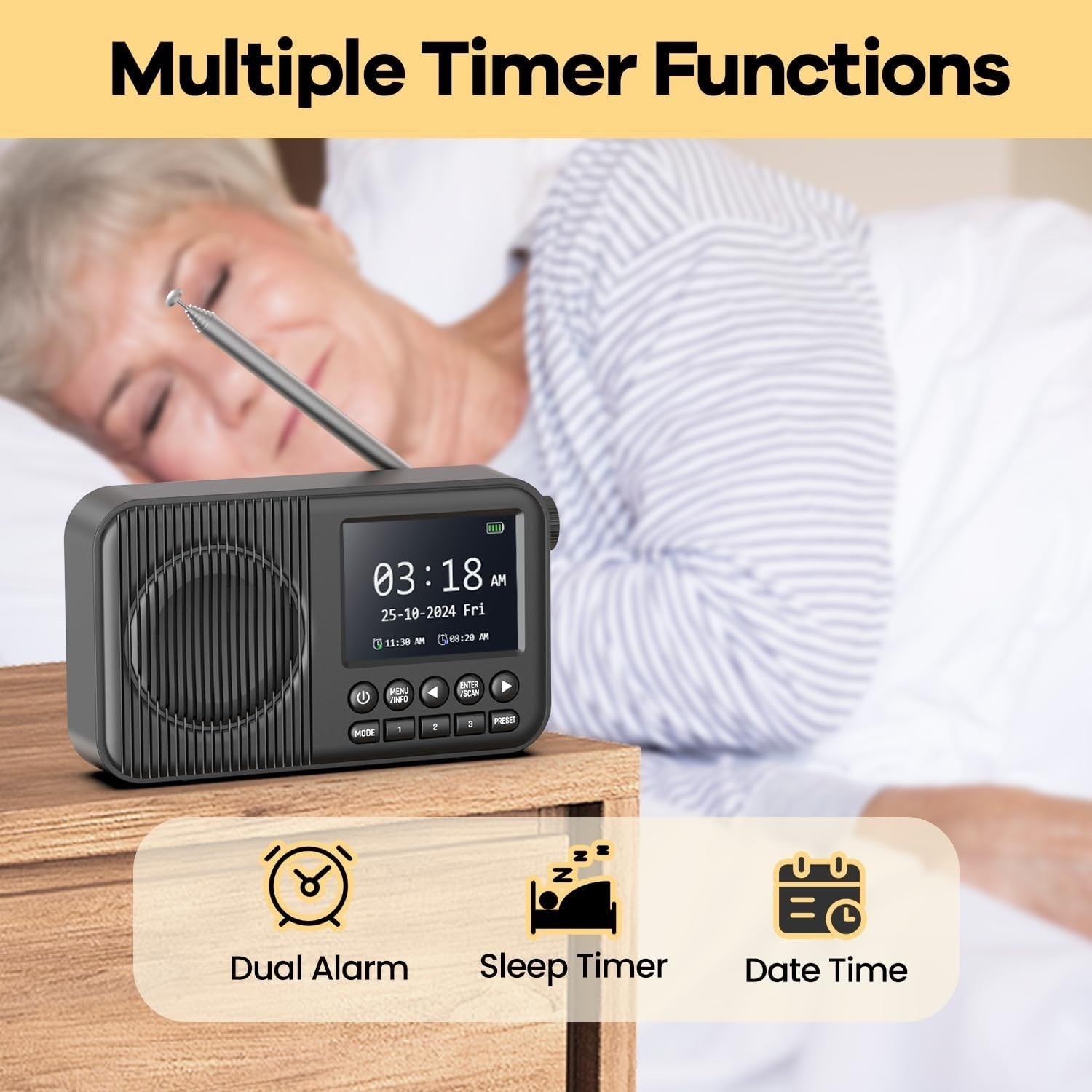 Portable DAB/DAB+ Digital Radio with Bluetooth, 60 Presets & Dual Alarms