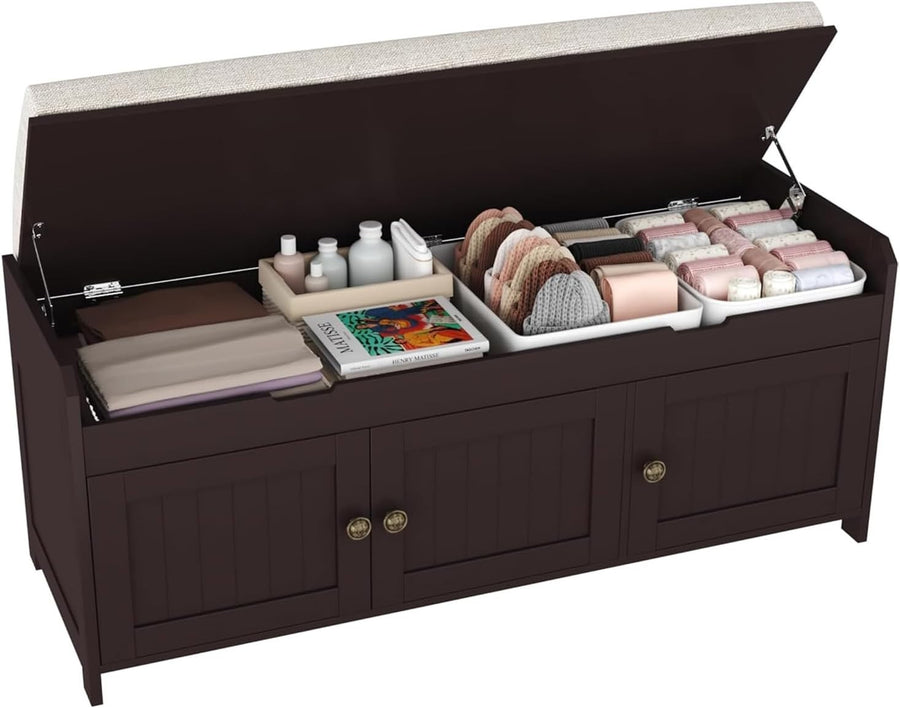 Espresso Shoe Storage Bench with Cushion Seat 3-Door Cabinet, Hidden Compartment