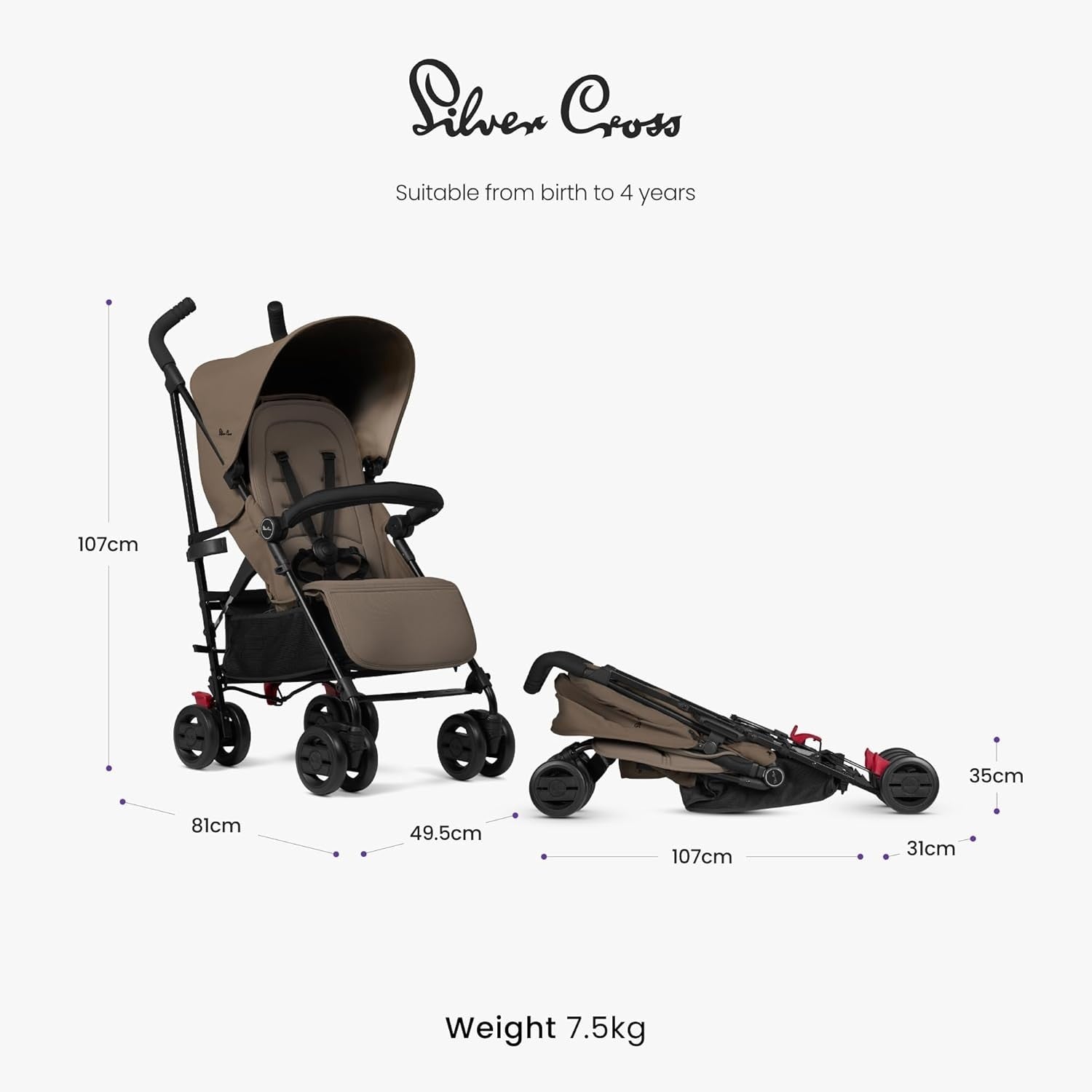 Foldable Travel Pushchair Lie-Flat Buggy Lightweight Recline 0–4Y 22kg