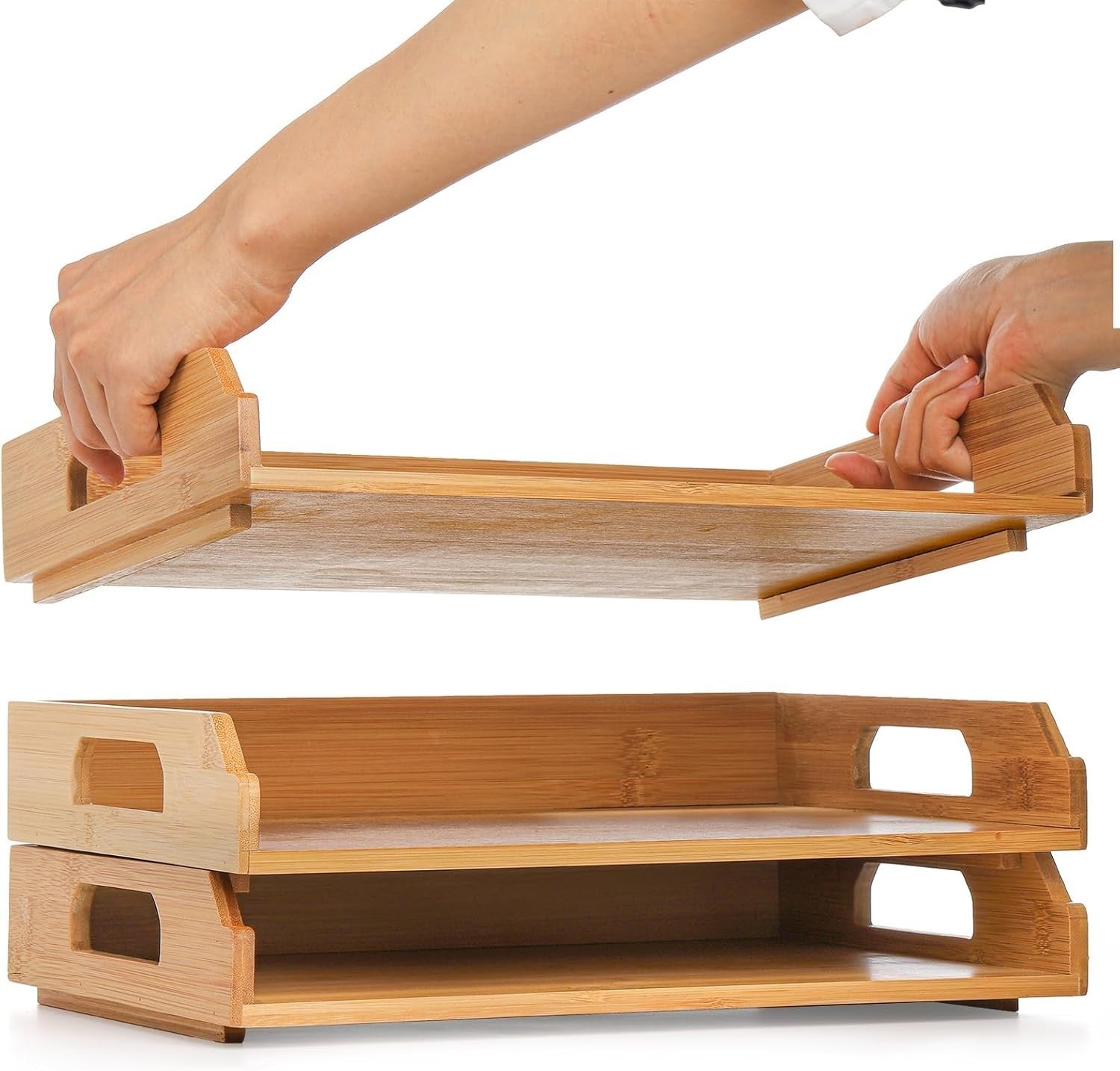 3-Tier Stackable Bamboo Desk Organizer Trays A4 Paper File Storage
