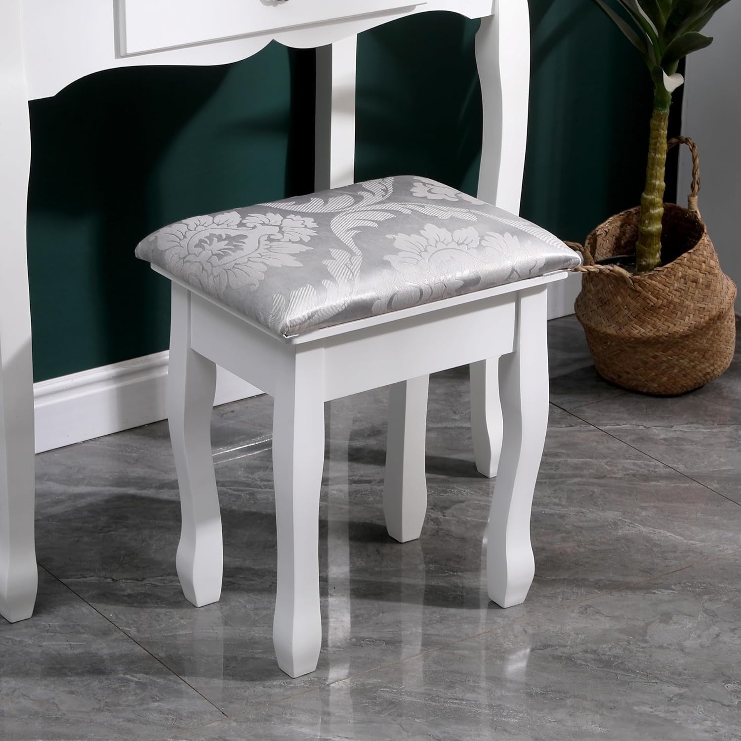 Vintage White Vanity Dressing Table Mirror Stool Set 3 Drawers Engineered Wood