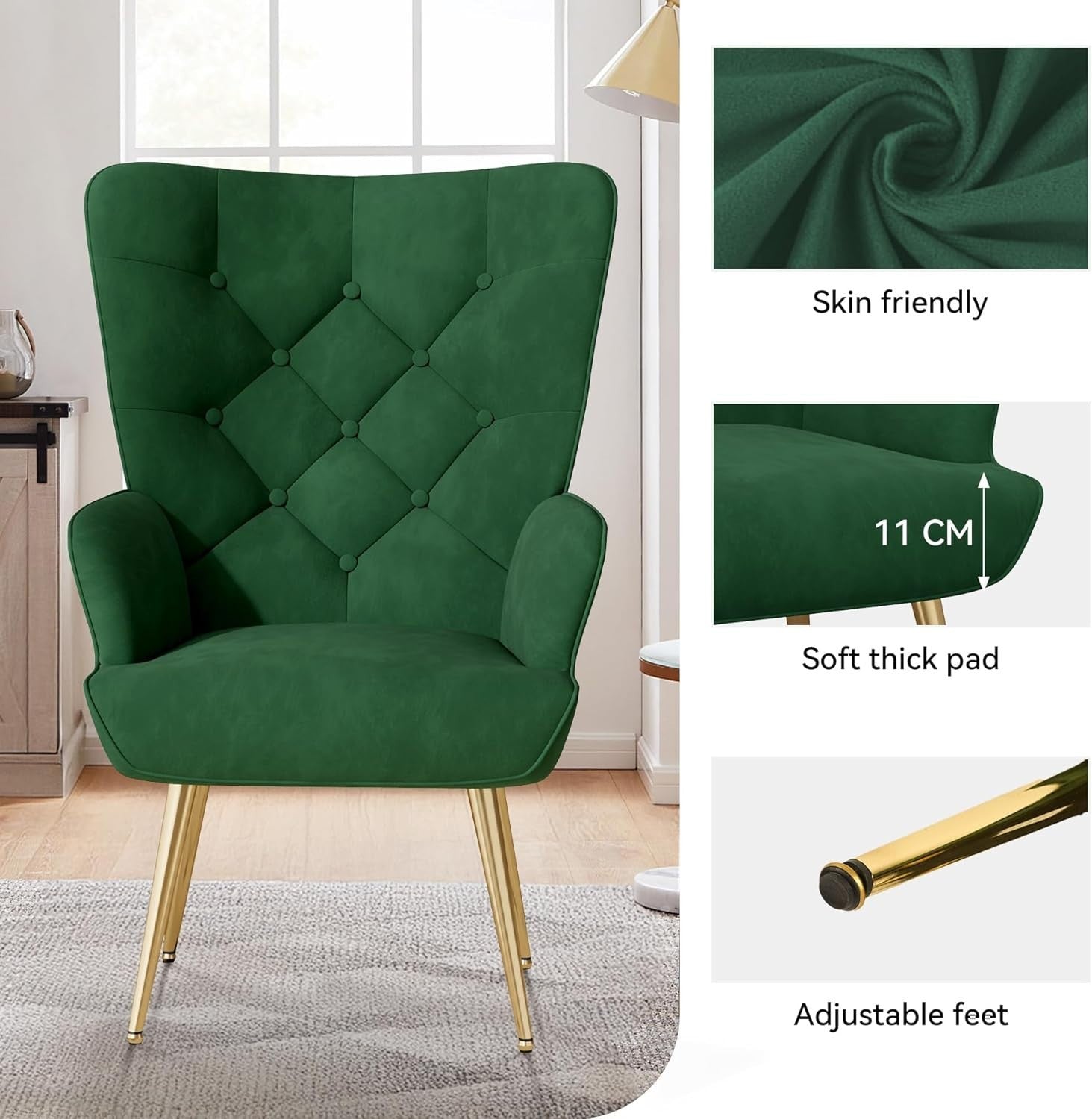 Velvet Wingback Armchair High Back Gold Legs Comfy Lounge Chair Green